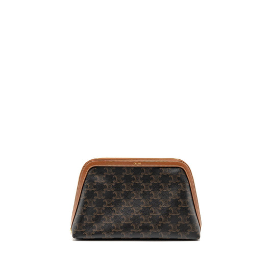 Celine Large Cosmetic Pouch Triomphe Canvas/Calfskin Tan