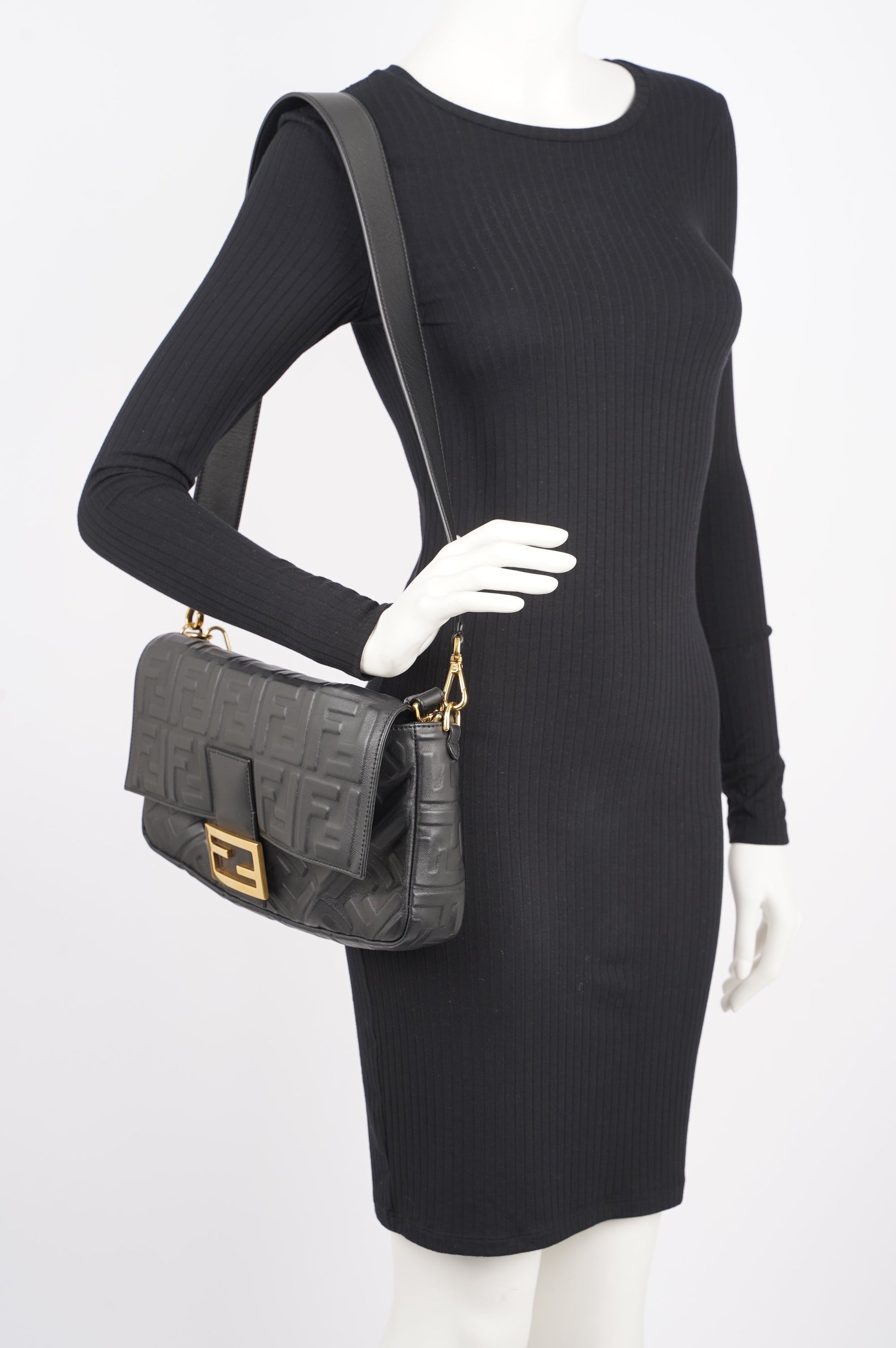 Fendi Womens Embossed F Baguette Black