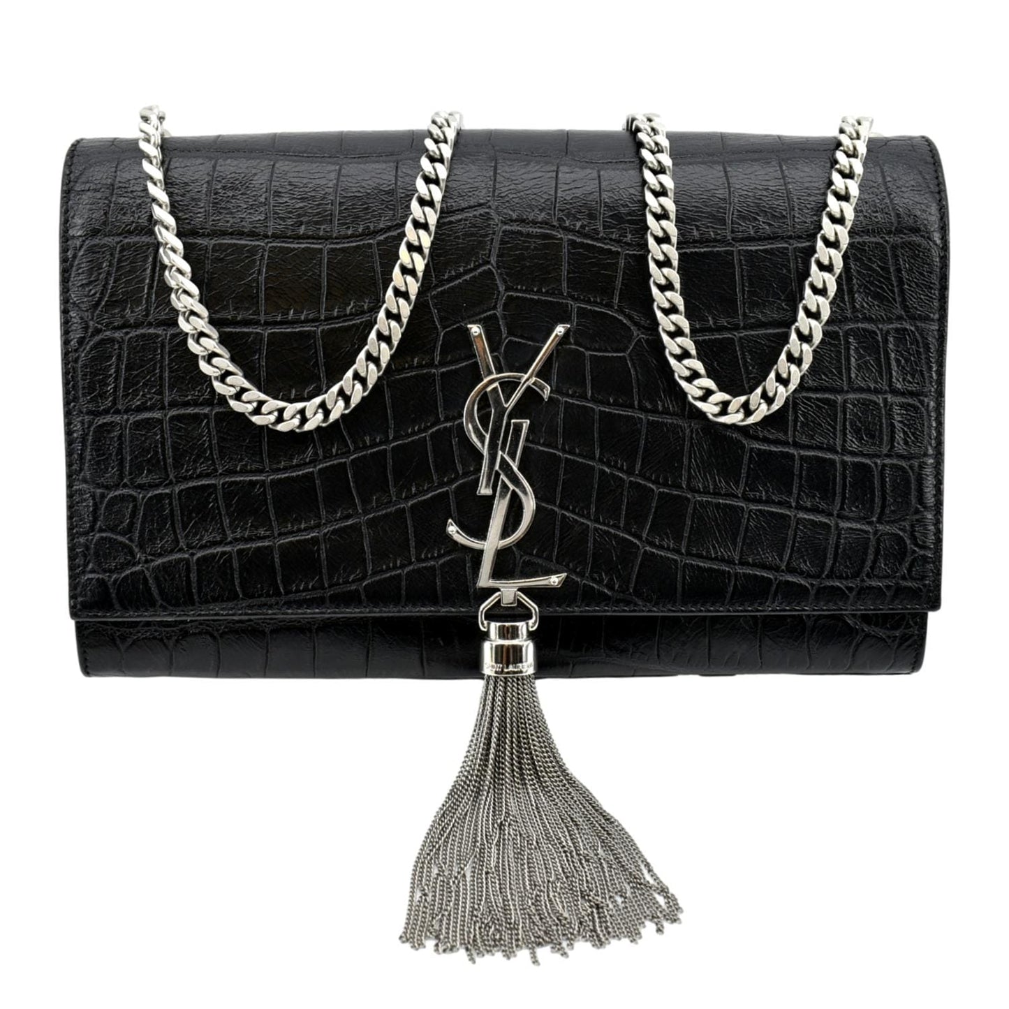 SAINT LAURENT Kate Crocodile Embossed Leather Shoulder Bag Black
