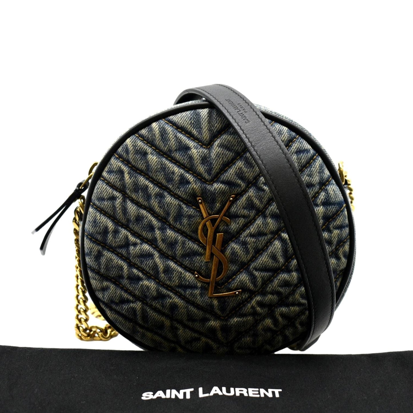 SAINT LAURENT Vinyle Round Denim Camera Crossbody Bag Black