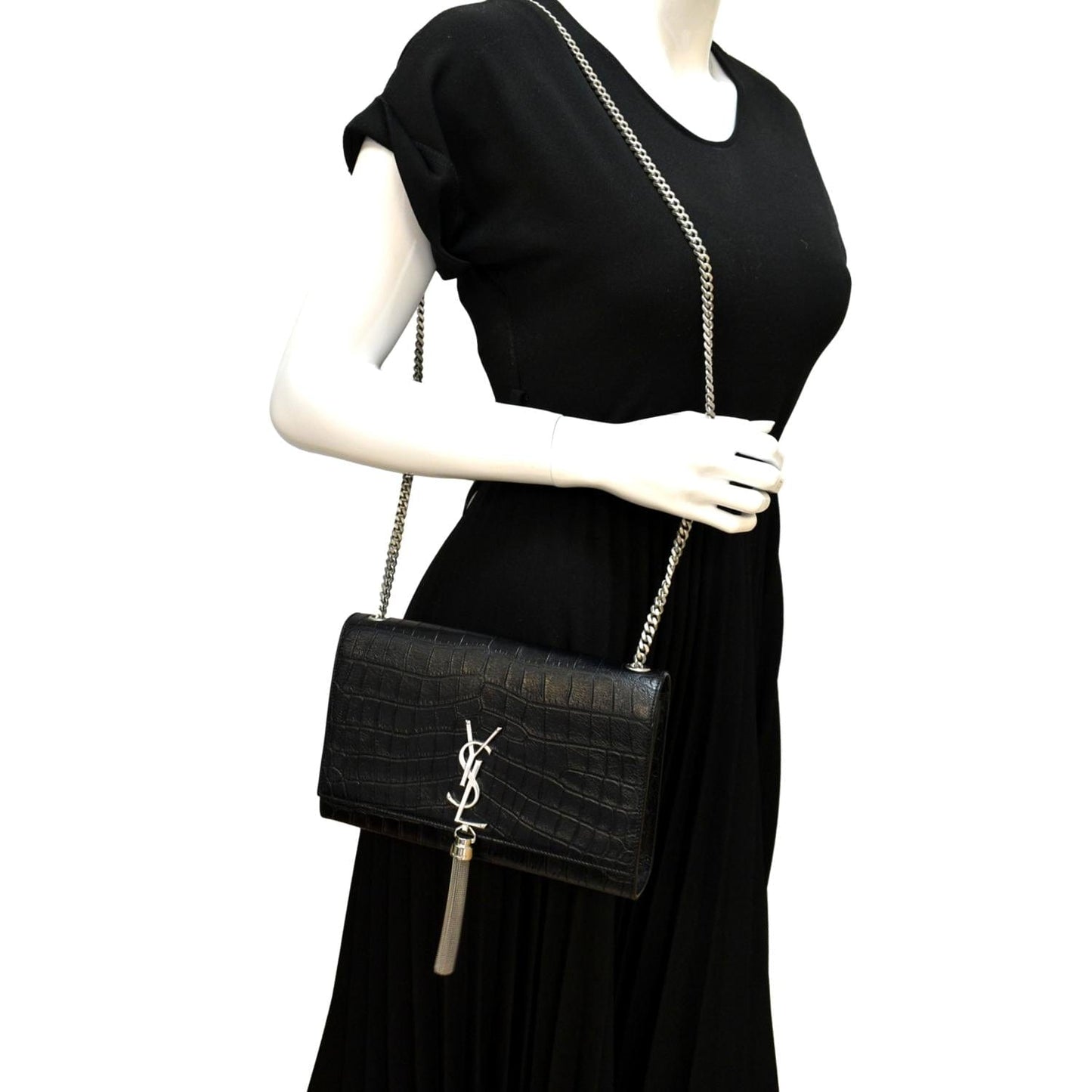 SAINT LAURENT Kate Crocodile Embossed Leather Shoulder Bag Black