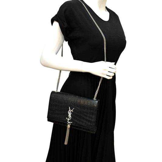 SAINT LAURENT Kate Crocodile Embossed Leather Shoulder Bag Black