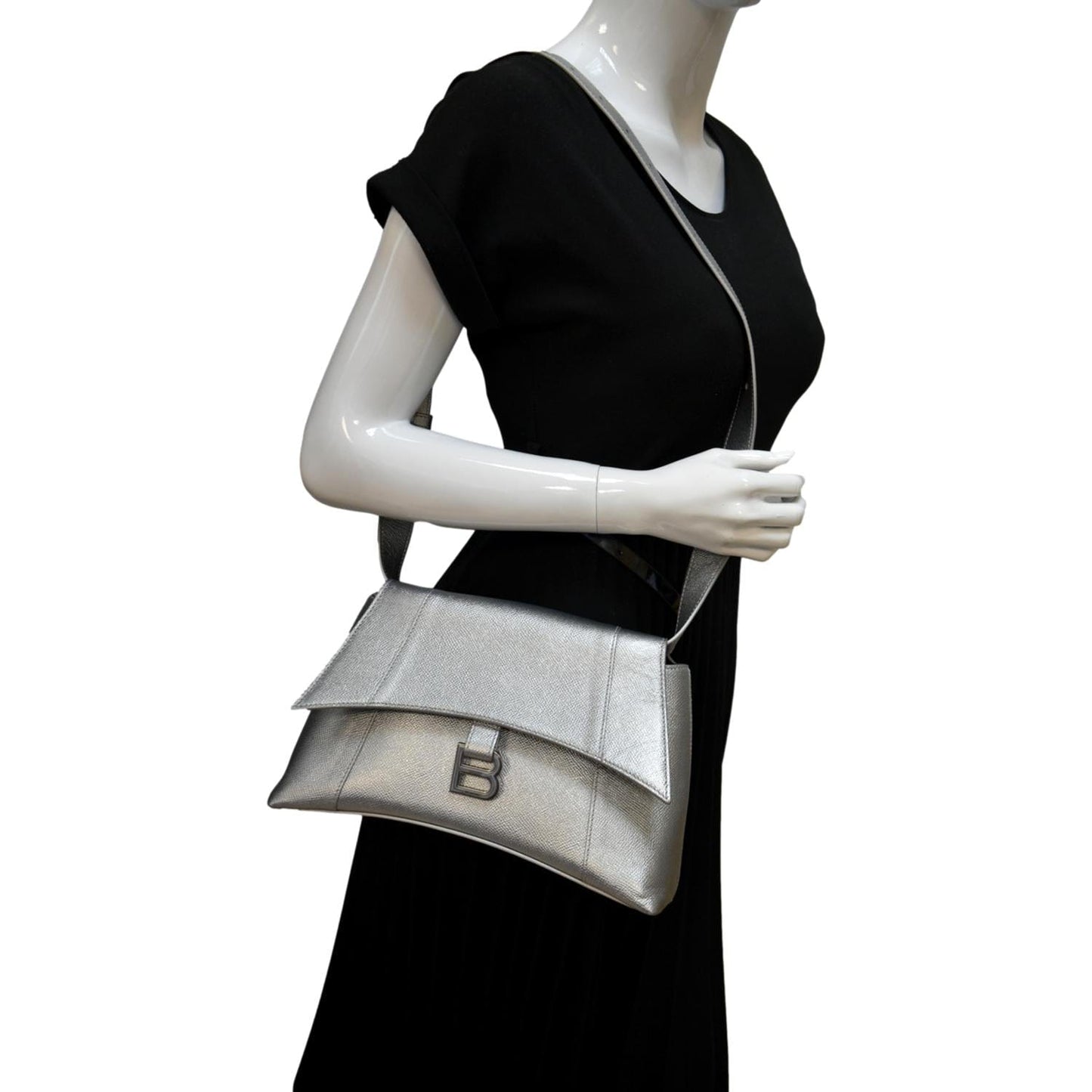 BALENCIAGA Treize Leather Shoulder Bag Metallic Silver