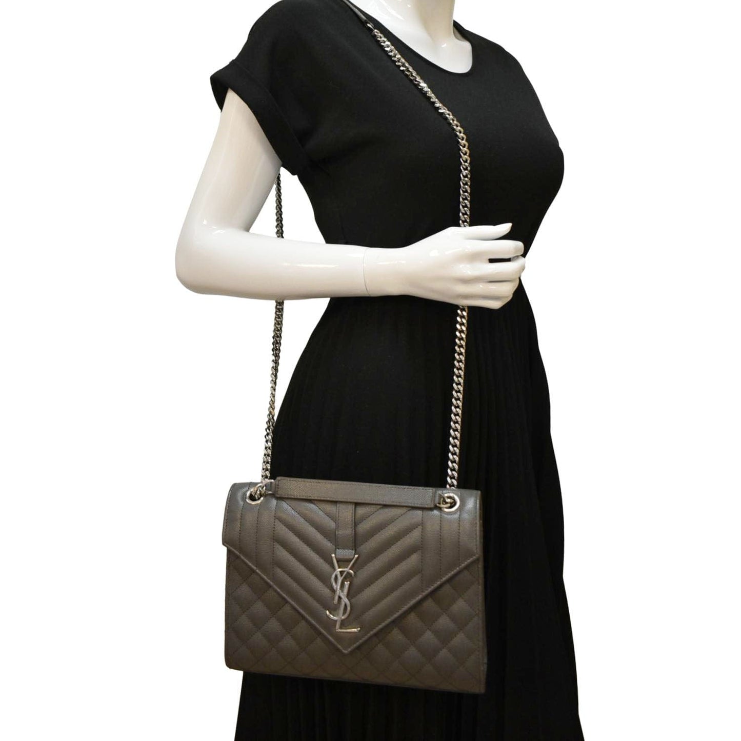 SAINT LAURENT Envelope Chain Medium Mix MatelassÃÂ© Leather Crossbody Bag Grey