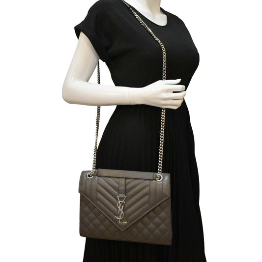 SAINT LAURENT Envelope Chain Medium Mix MatelassÃÂ© Leather Crossbody Bag Grey
