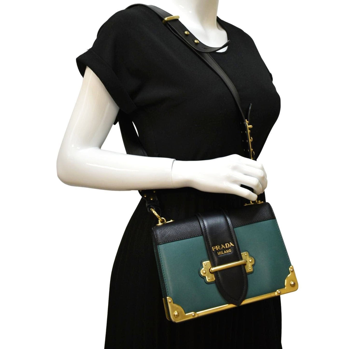 PRADA Cahier Swarovski Crystals Leather Shoulder Bag Green