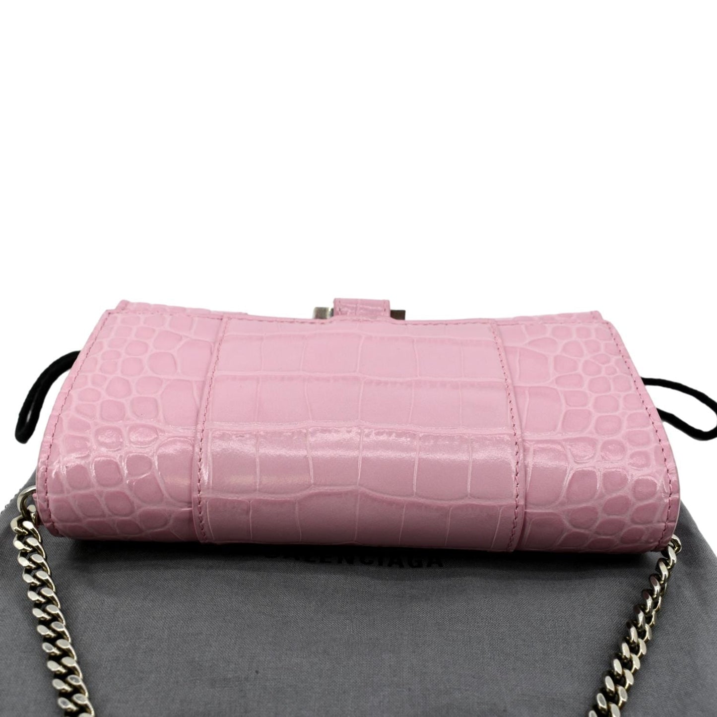 BALENCIAGA Hourglass Crocodile Embossed Chain Wallet Pink