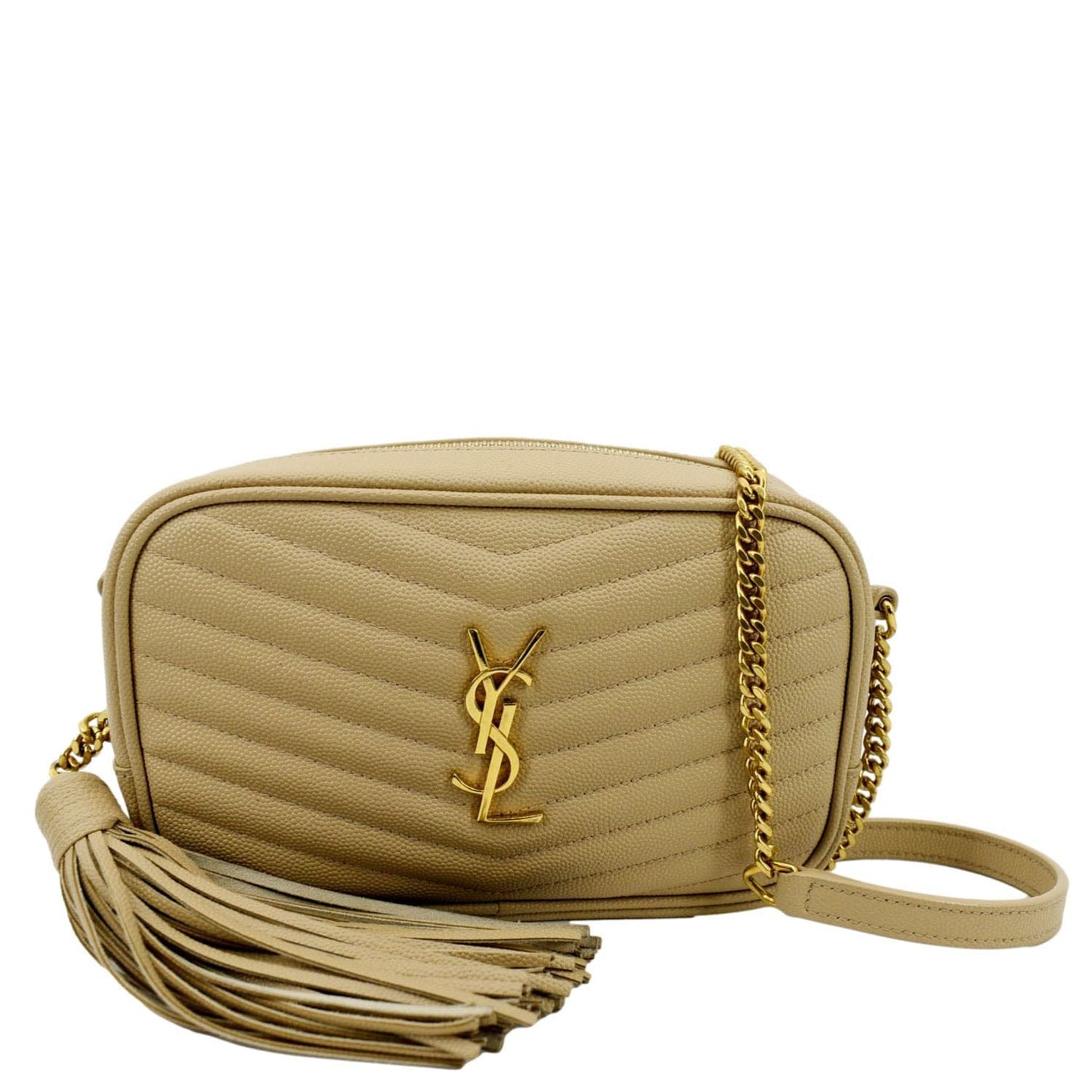 SAINT LAURENT Lou Chevron Leather Camera Crossbody Bag Beige