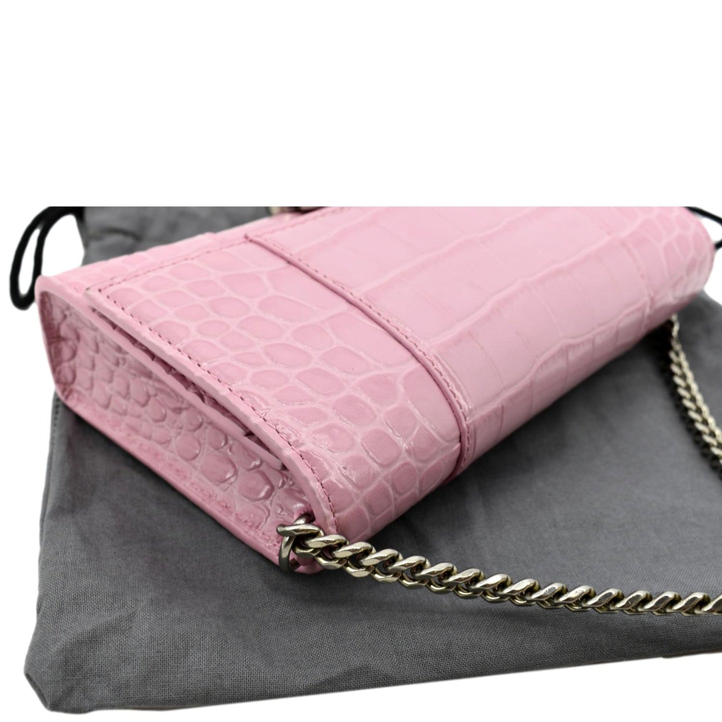 BALENCIAGA Hourglass Crocodile Embossed Chain Wallet Pink