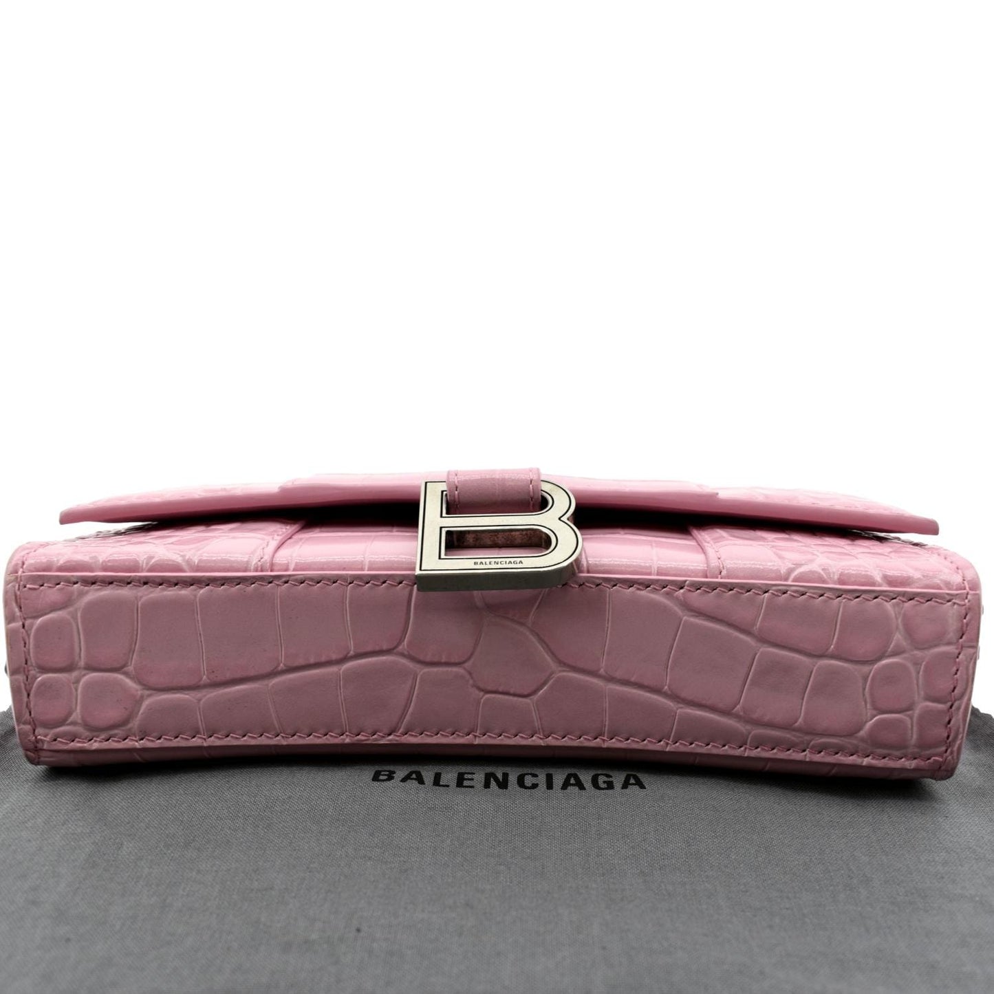 BALENCIAGA Hourglass Crocodile Embossed Chain Wallet Pink