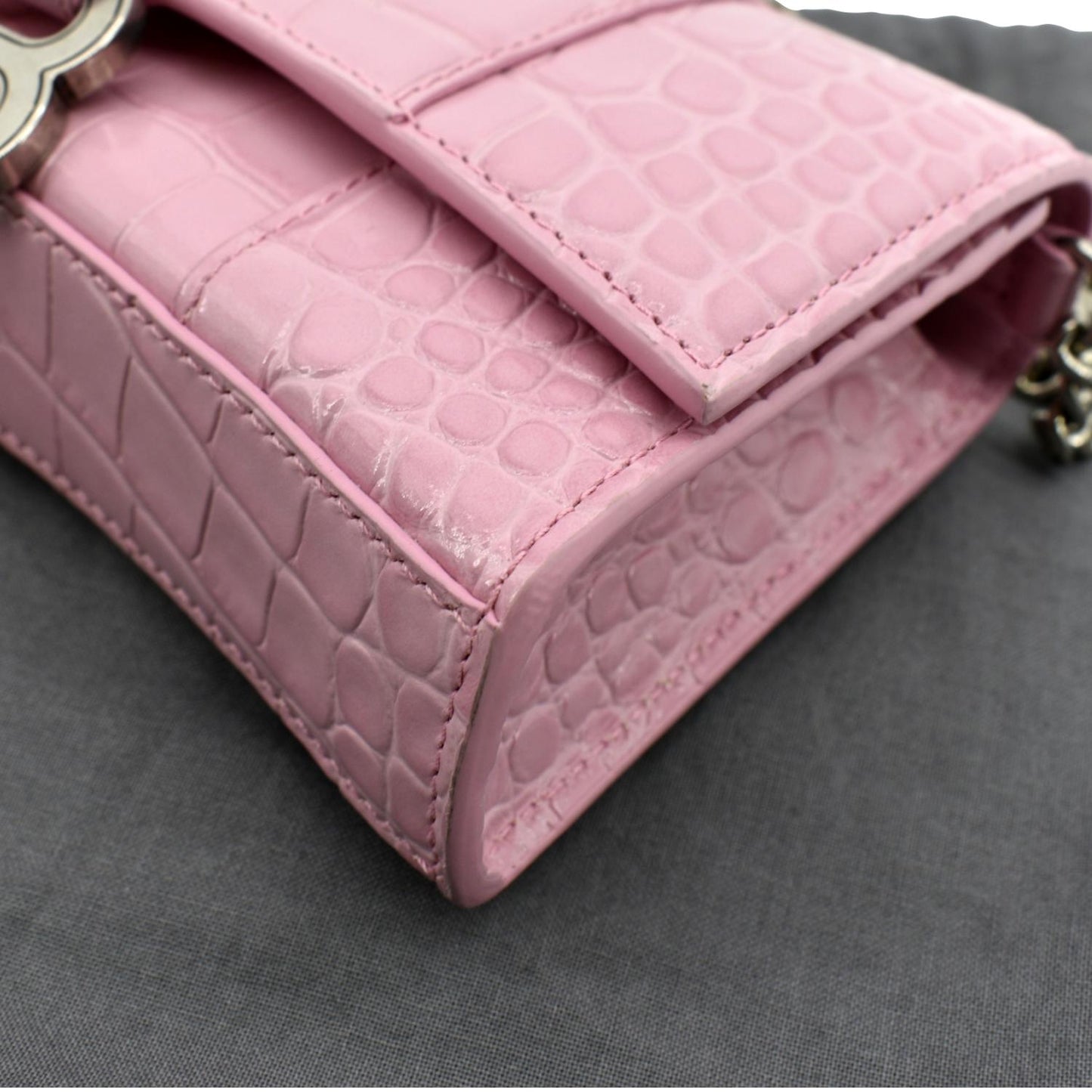 BALENCIAGA Hourglass Crocodile Embossed Chain Wallet Pink