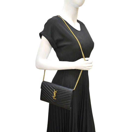 SAINT LAURENT Envelope Leather Chain Shoulder Bag Black