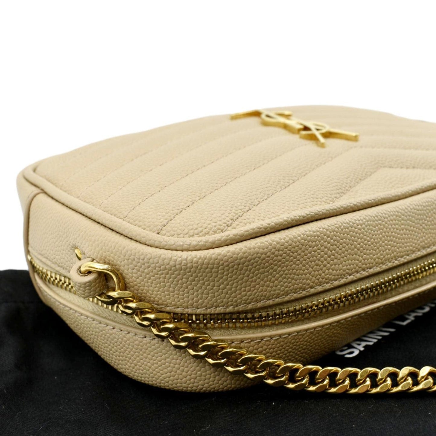 SAINT LAURENT Lou Chevron Leather Camera Crossbody Bag Beige