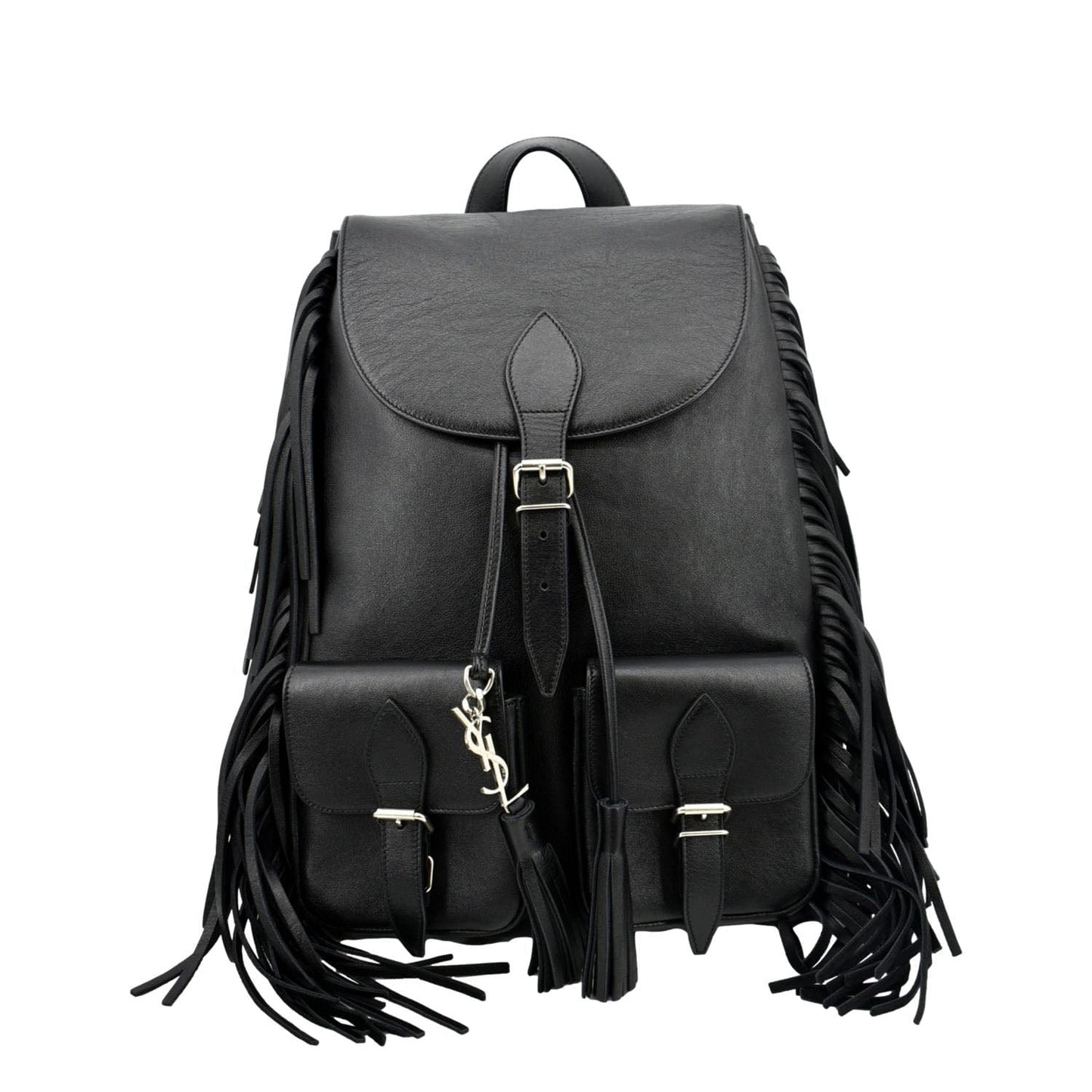 SAINT LAURENT Fringe Calfskin Leather Backpack Bag Black