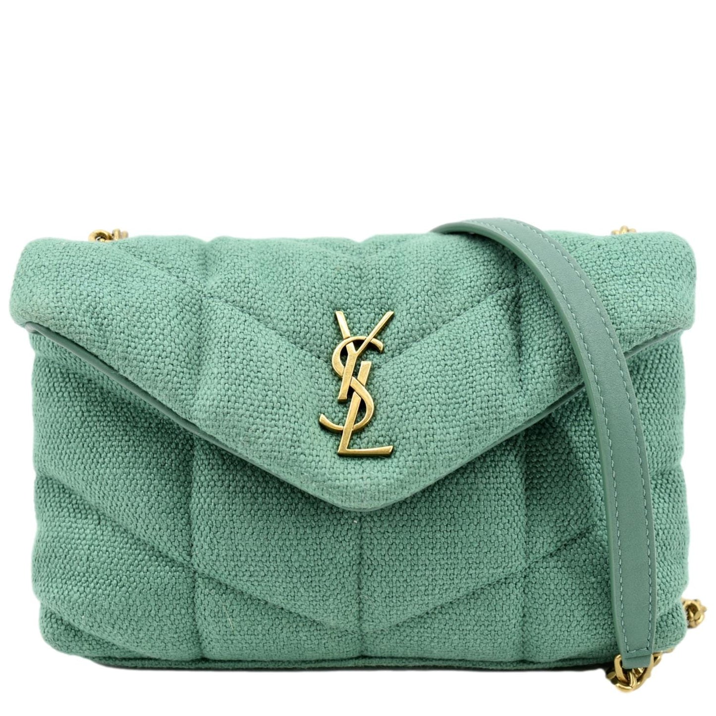 SAINT LAURENT Loulou Puffer Mini Quilted Canvas Crossbody Bag Light Green