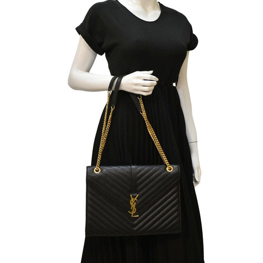 SAINT LAURENT Large Envelope Flap Matelasse Leather Shoulder Bag Black