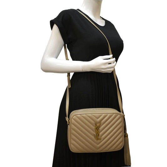 SAINT LAURENT Lou Chevron Leather Camera Crossbody Bag Beige