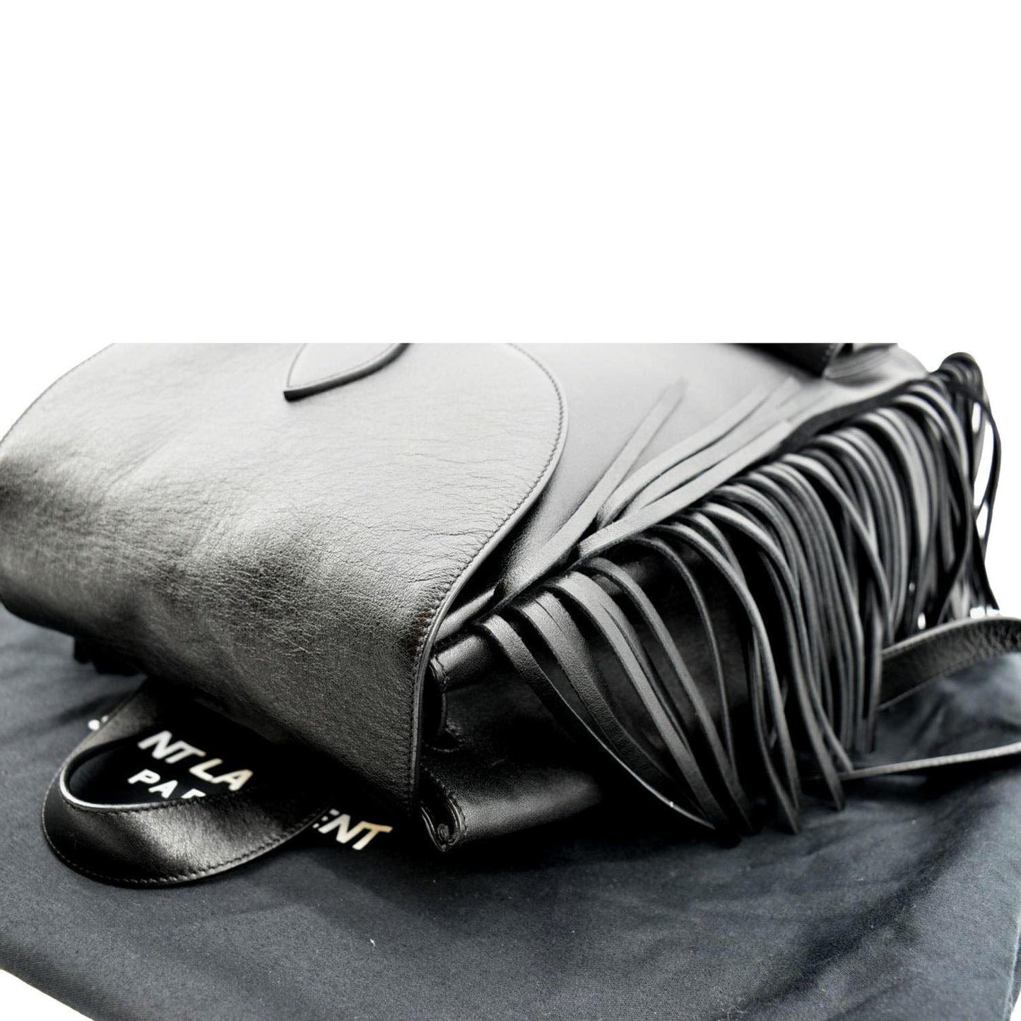 SAINT LAURENT Fringe Calfskin Leather Backpack Bag Black