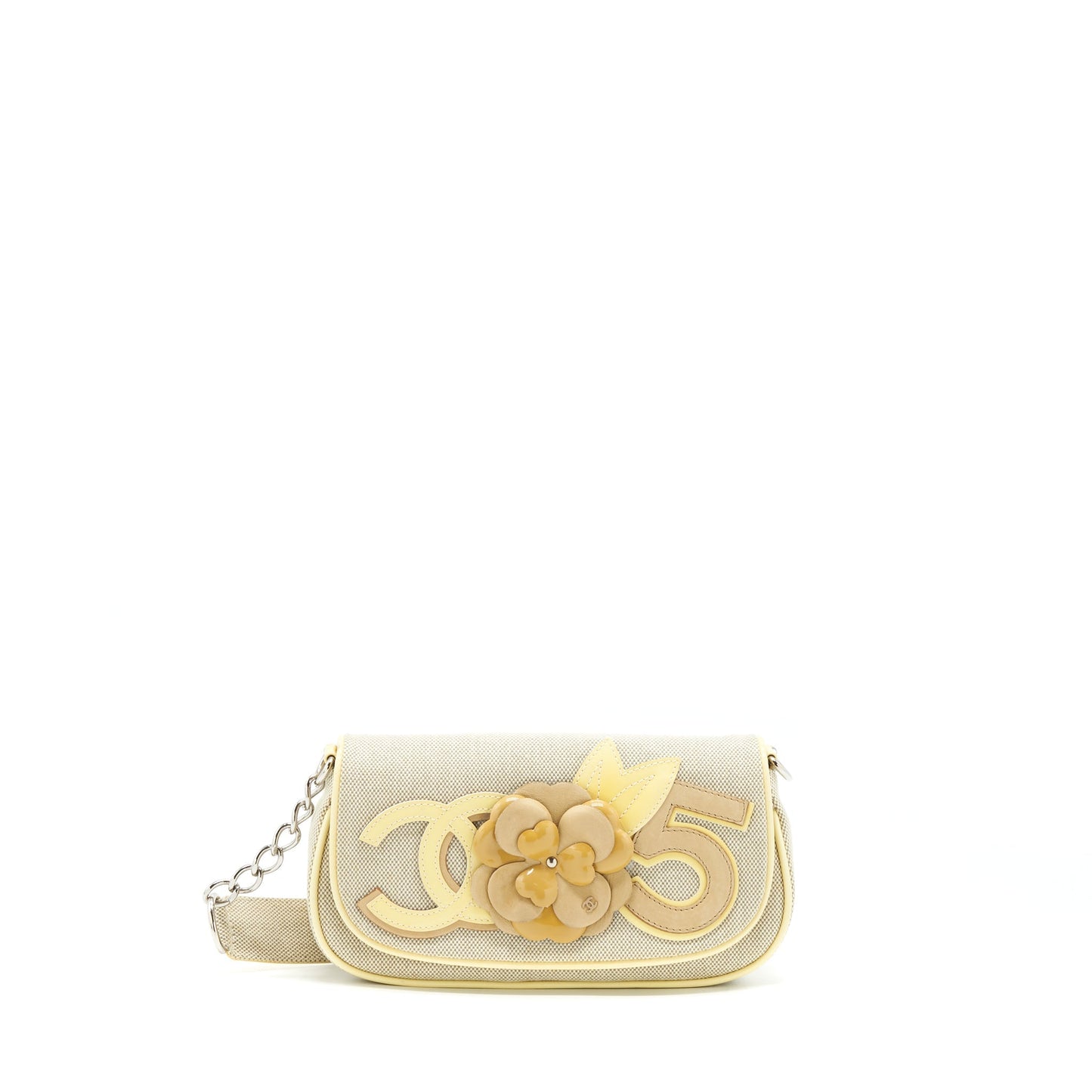 Chanel Beige Quilted Canvas No 5 Camellia Flap creamy Shoulder Bag