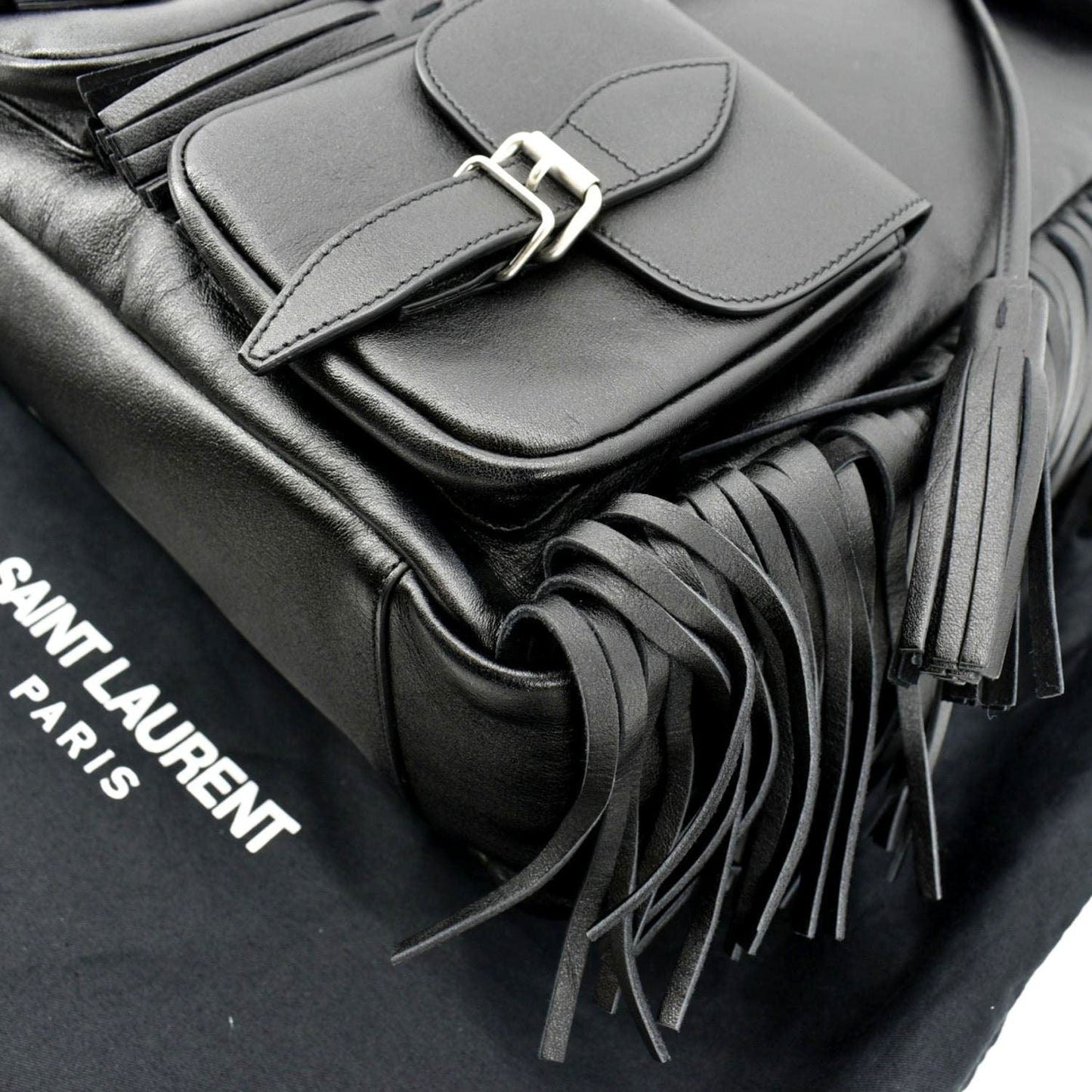 SAINT LAURENT Fringe Calfskin Leather Backpack Bag Black