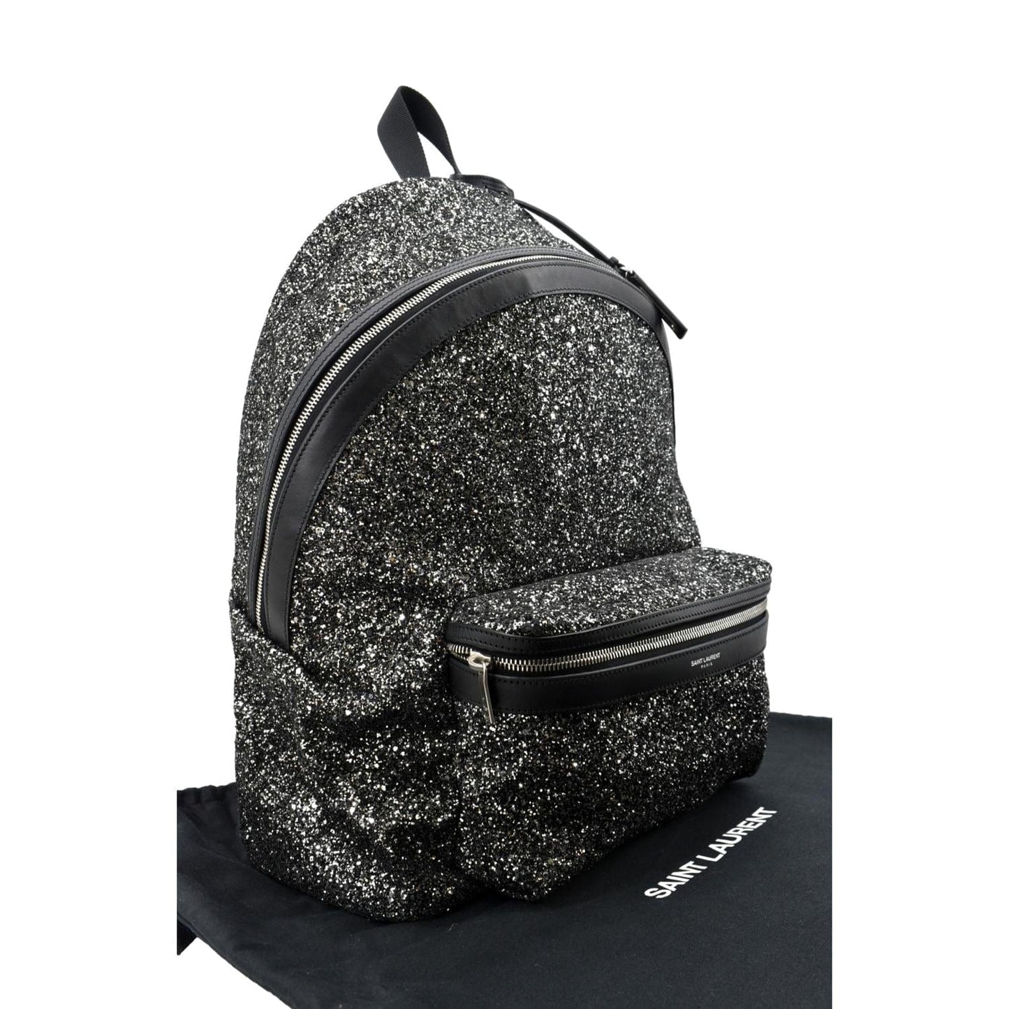 SAINT LAURENT City Glitter Canvas Backpack Bag Black