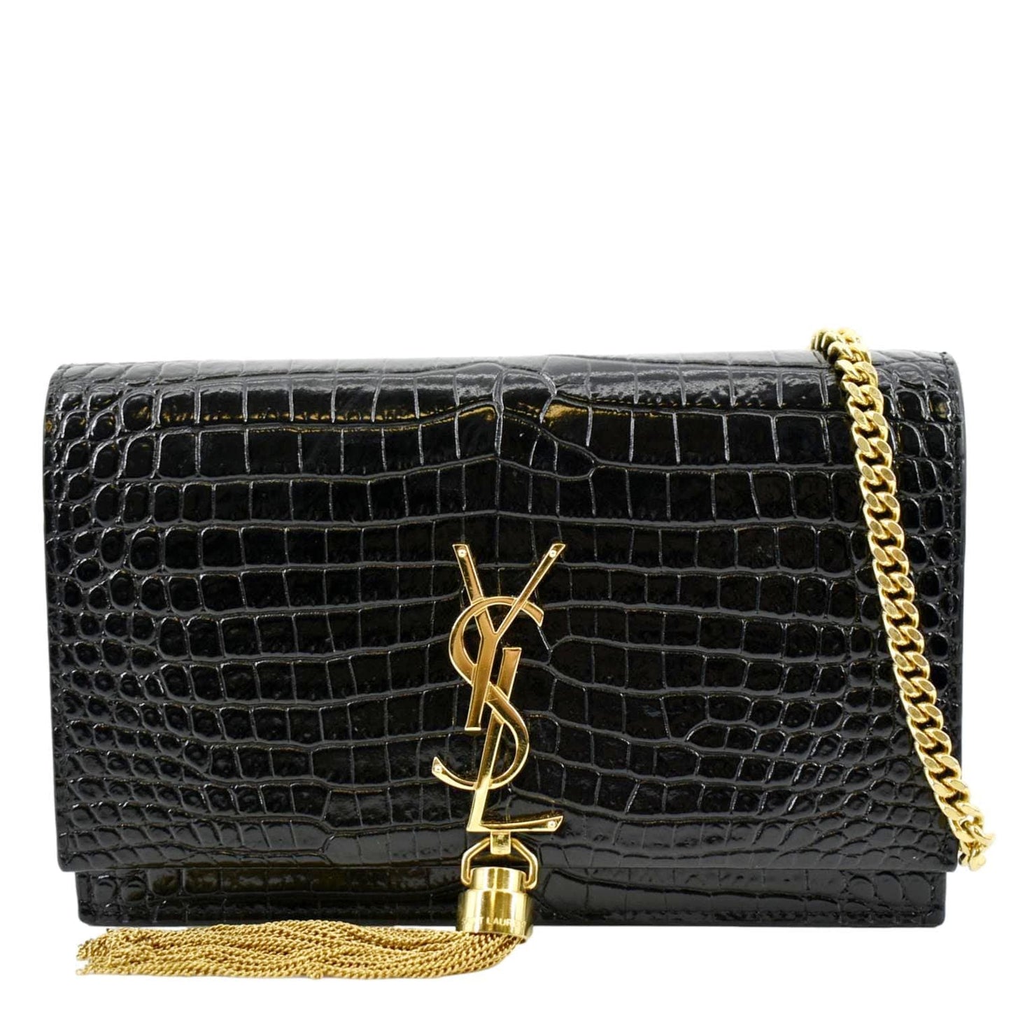 SAINT LAURENT Kate Crocodile Embossed Patent Leather Shoulder Bag Black