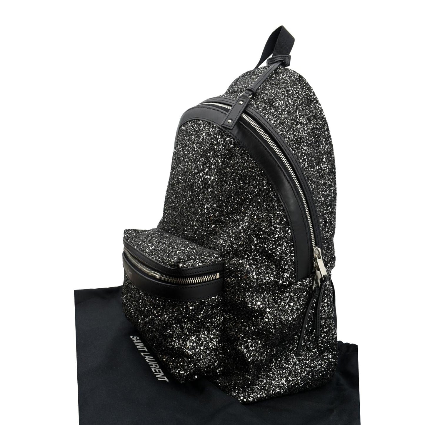 SAINT LAURENT City Glitter Canvas Backpack Bag Black
