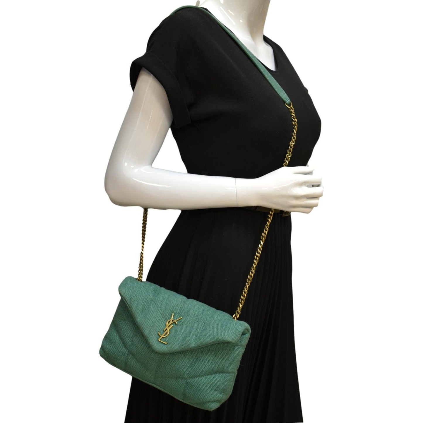 SAINT LAURENT Loulou Puffer Mini Quilted Canvas Crossbody Bag Light Green