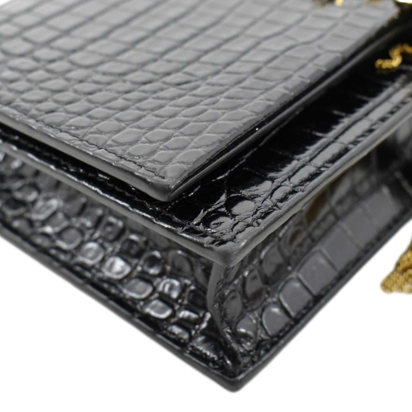 SAINT LAURENT Kate Crocodile Embossed Patent Leather Shoulder Bag Black