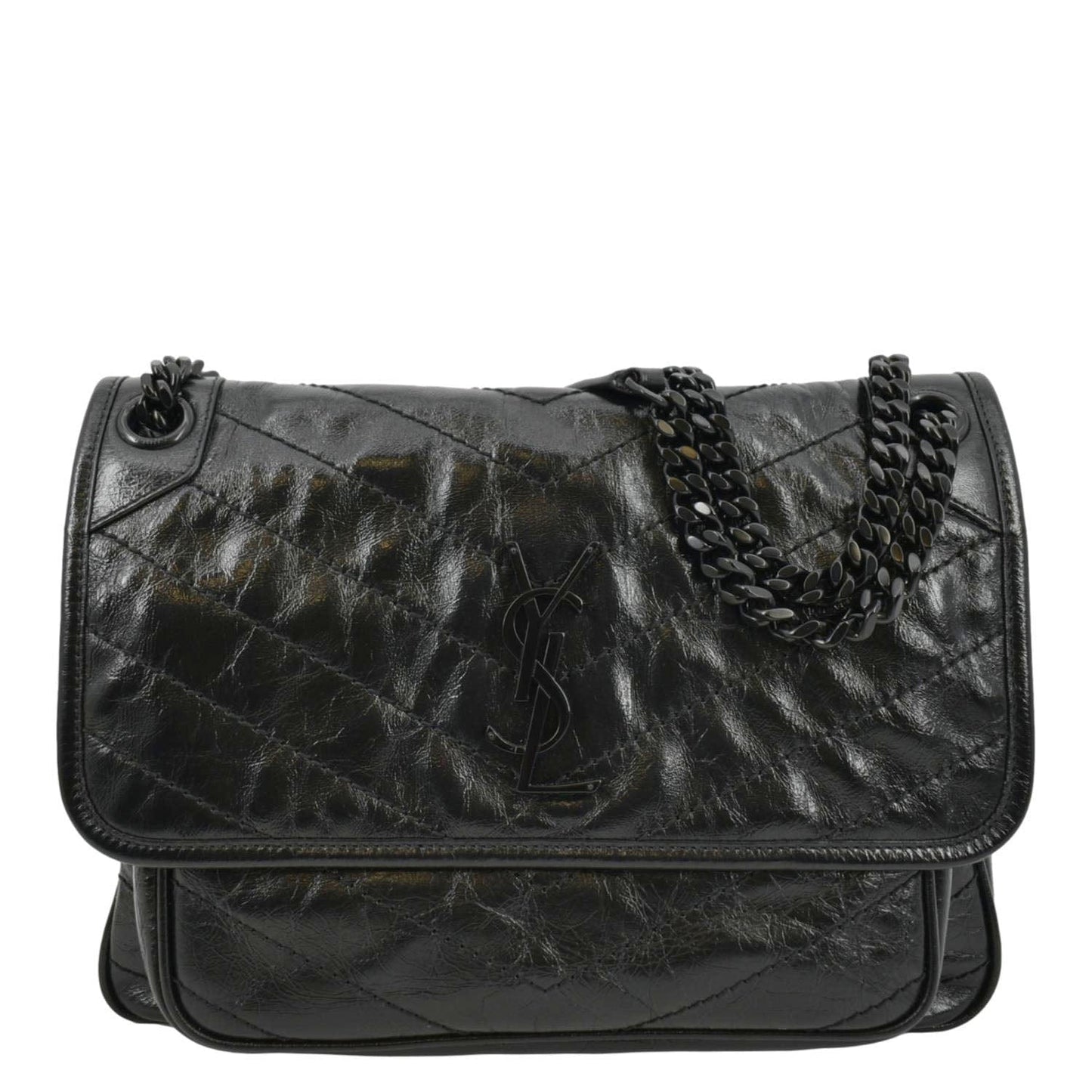 SAINT LAURENT Niki Baby Crinkle Leather Shoulder Bag Black