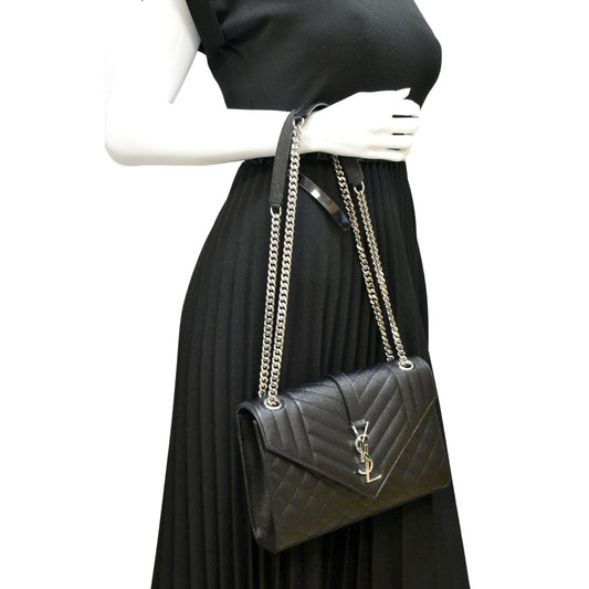 SAINT LAURENT Medium Envelope Leather Chain Shoulder Bag Black