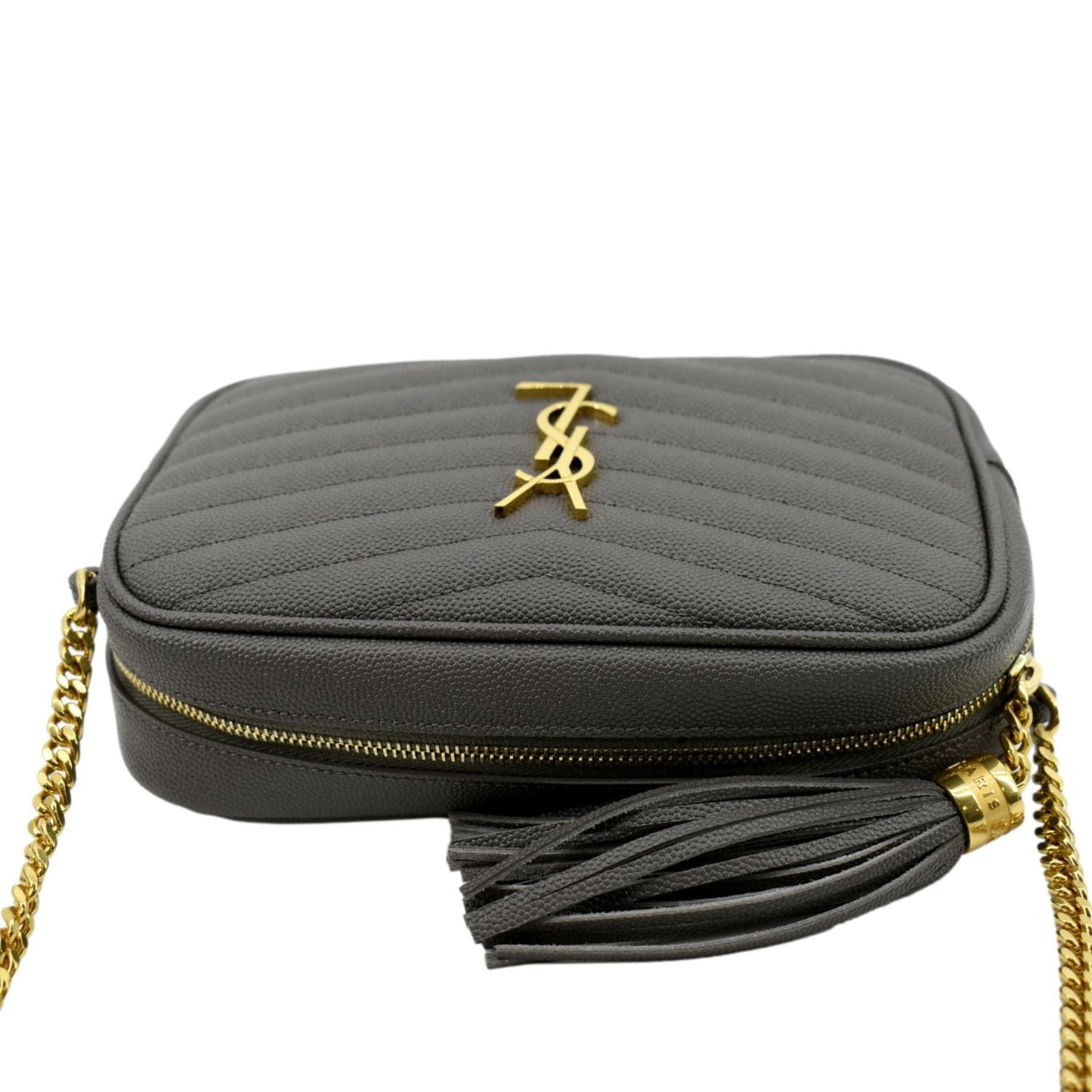 SAINT LAURENT Lou Chevron Leather Camera Crossbody Bag Storm