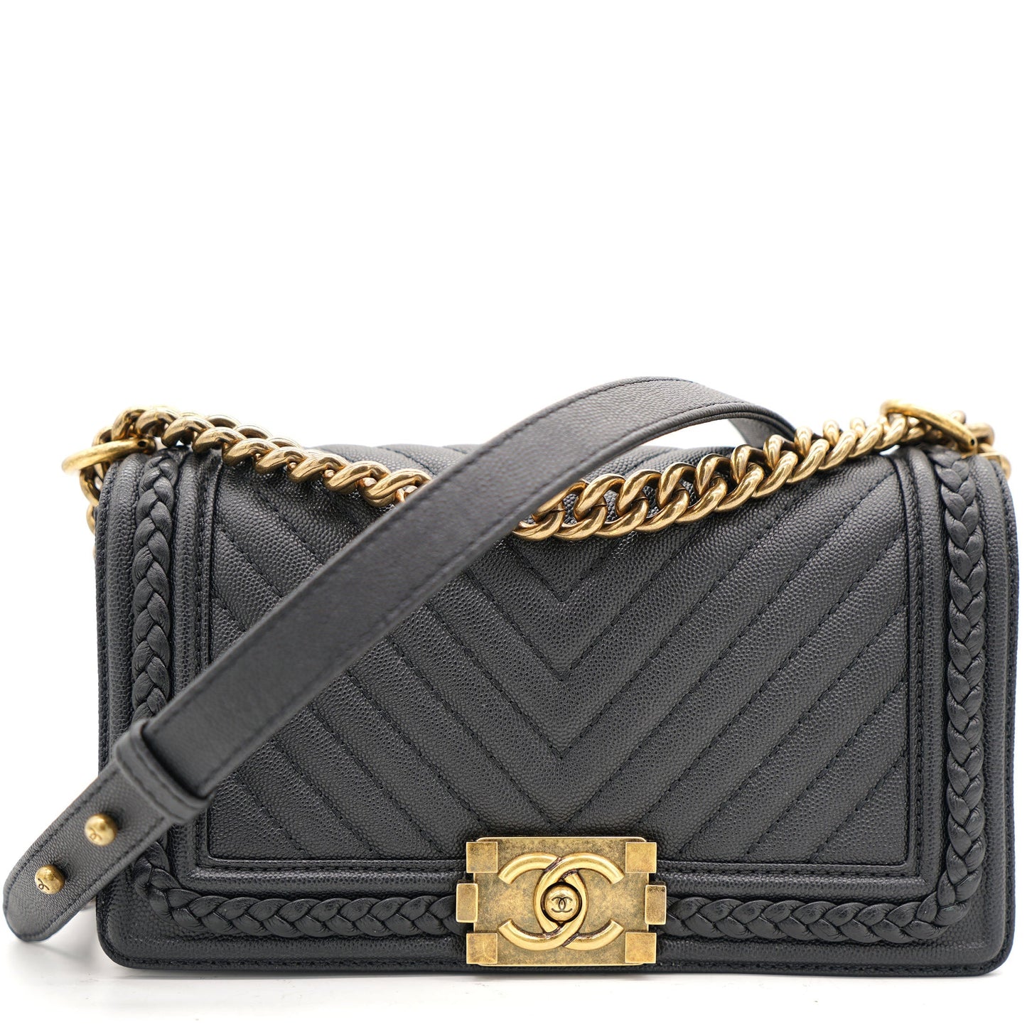 Chanel Black Quilted Leather and Twisted Leather Trim Old Medium Boy Flap Bag