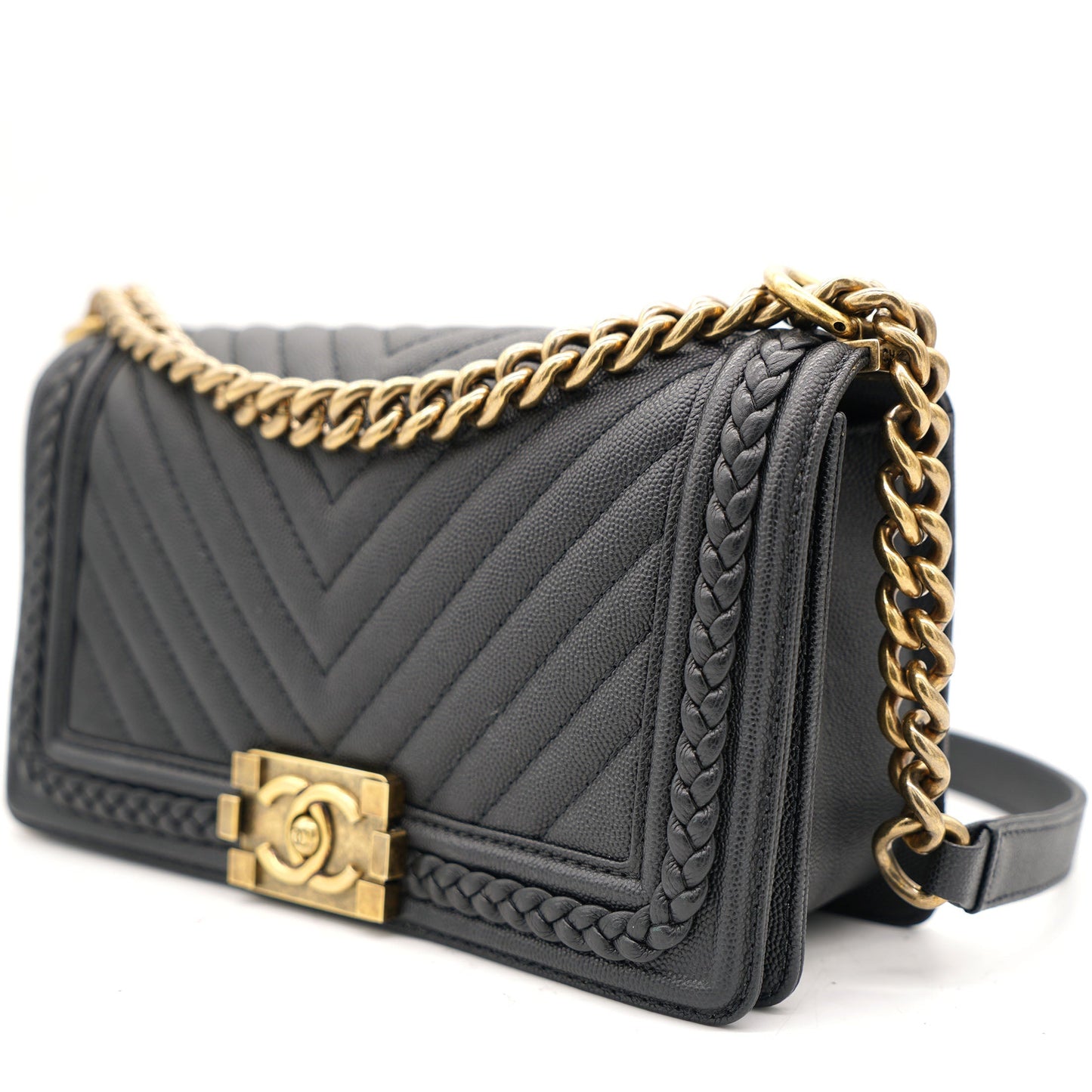 Chanel Black Quilted Leather and Twisted Leather Trim Old Medium Boy Flap Bag