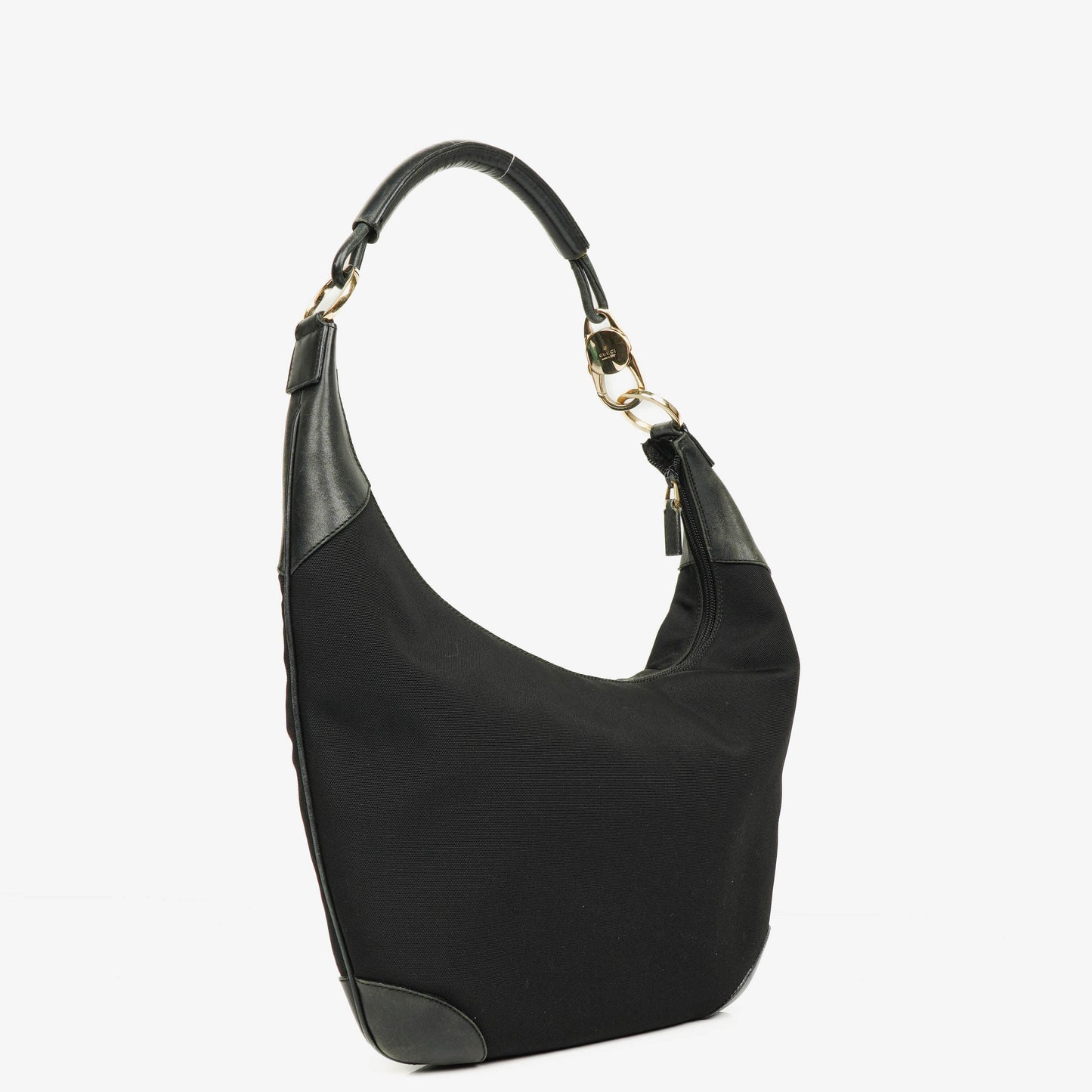 Gucci Black Nylon Leather Braided Handle Ring Hobo Bag