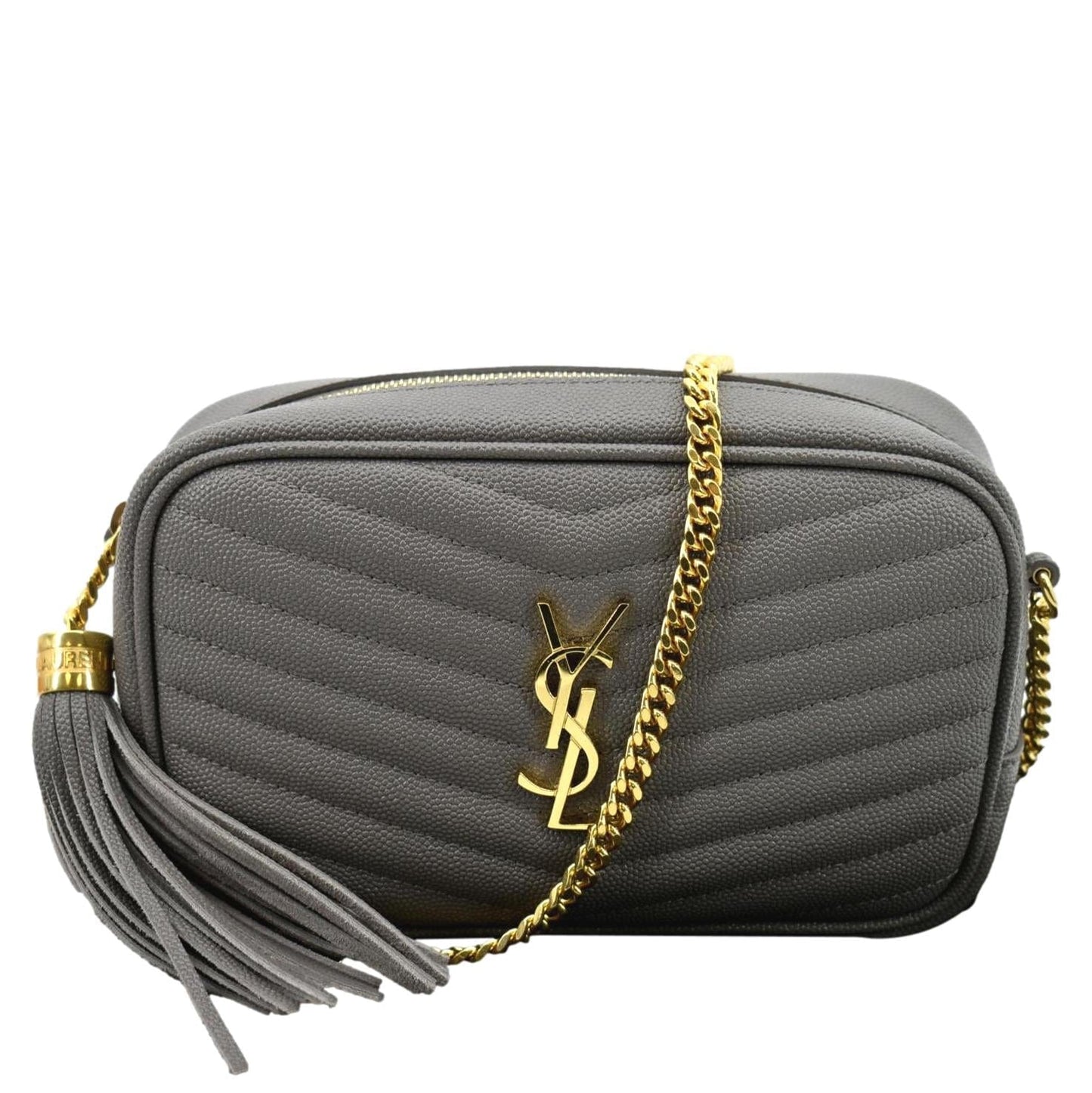 SAINT LAURENT Lou Chevron Leather Camera Crossbody Bag Storm