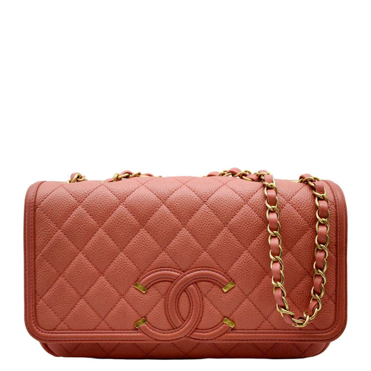 Chanel CC Filigree Medium Flap Caviar Leather Crossbody Bag Pink