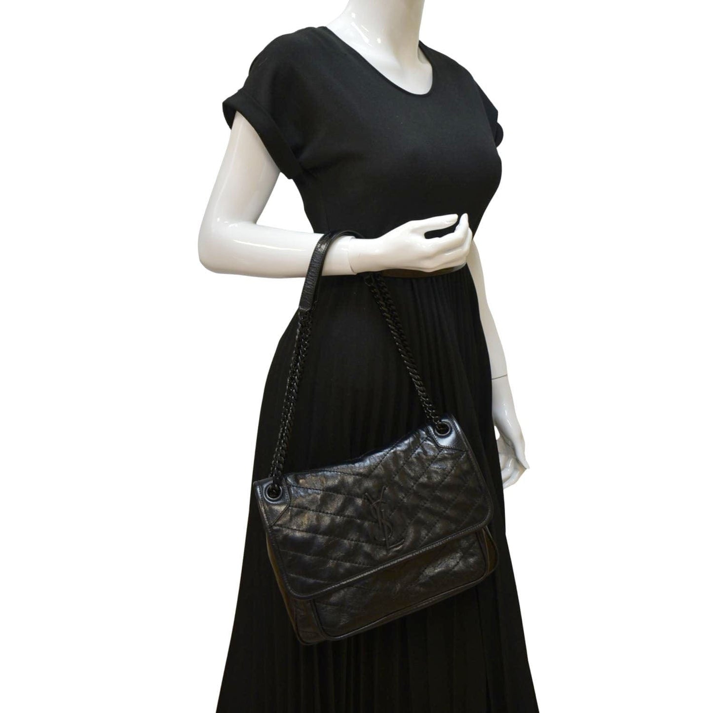 SAINT LAURENT Niki Baby Crinkle Leather Shoulder Bag Black