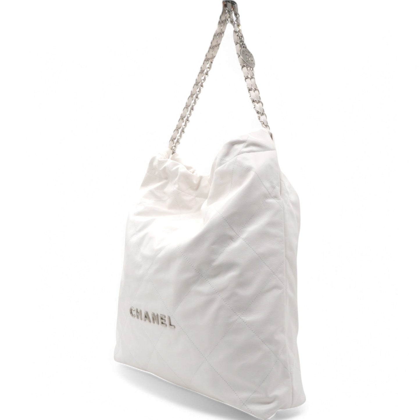 Shiny Quilted Large Chanel 22 White Handbag