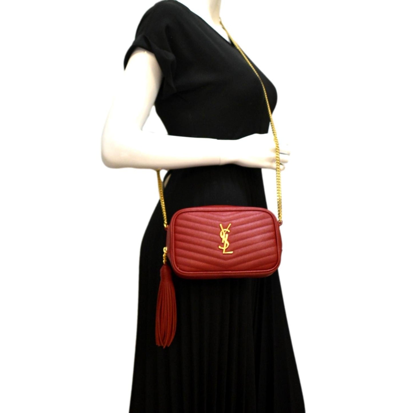SAINT LAURENT Small Lou Chevron Leather Camera Crossbody Bag Red