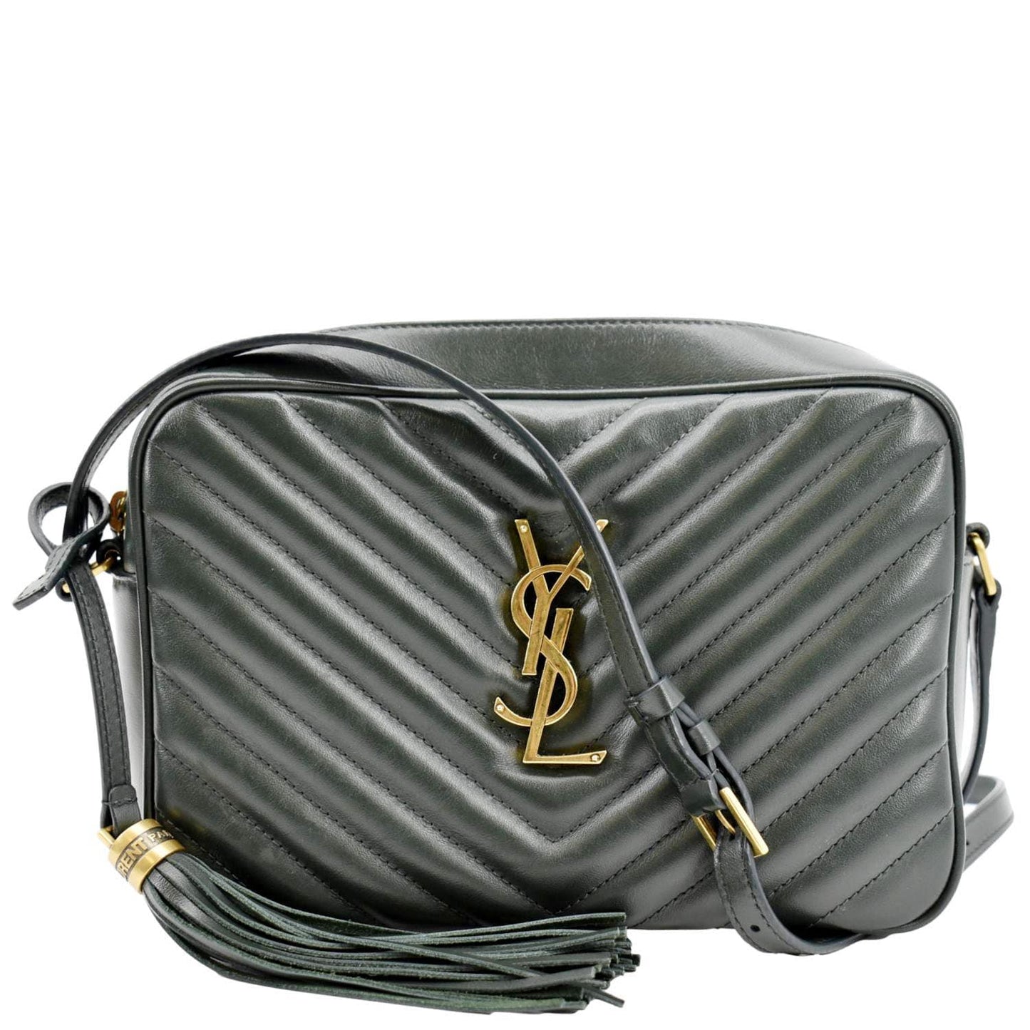 SAINT LAURENT Lou Chevron Leather Camera Crossbody Bag Green