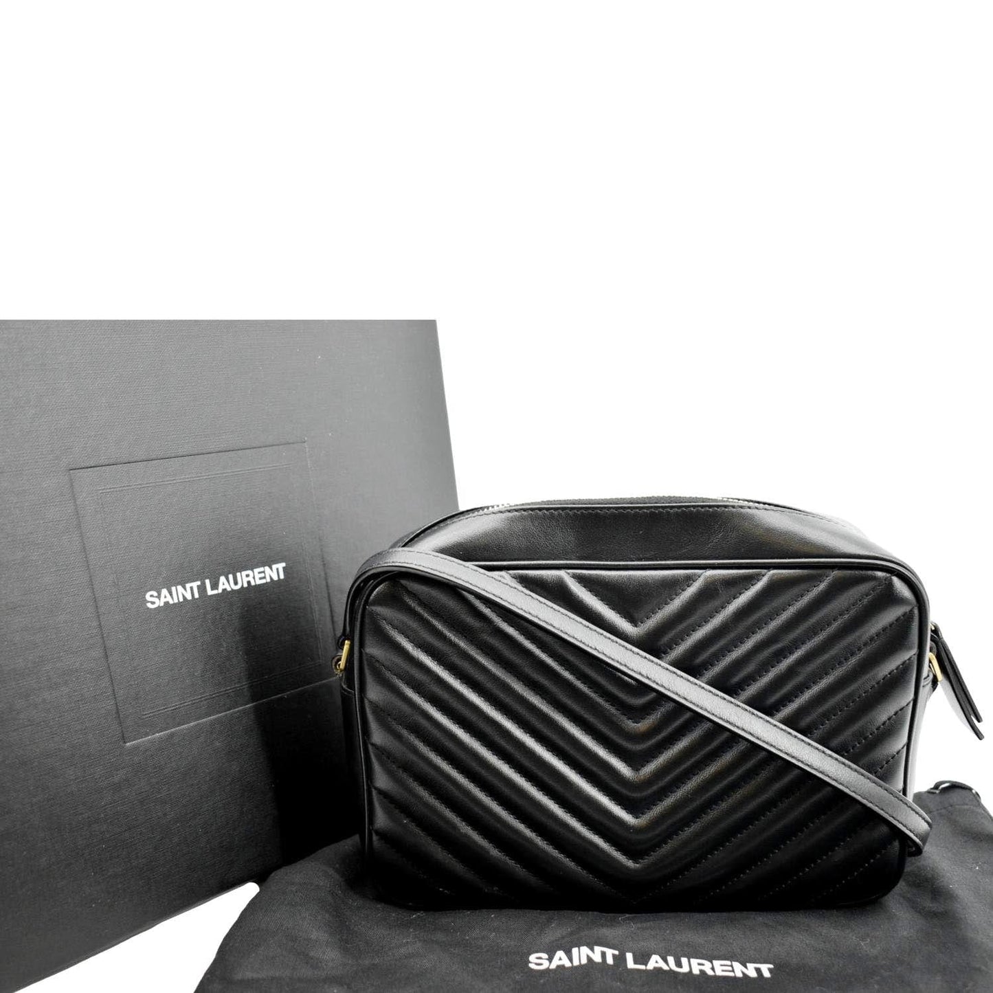 SAINT LAURENT Lou Chevron Leather Camera Crossbody Bag Black