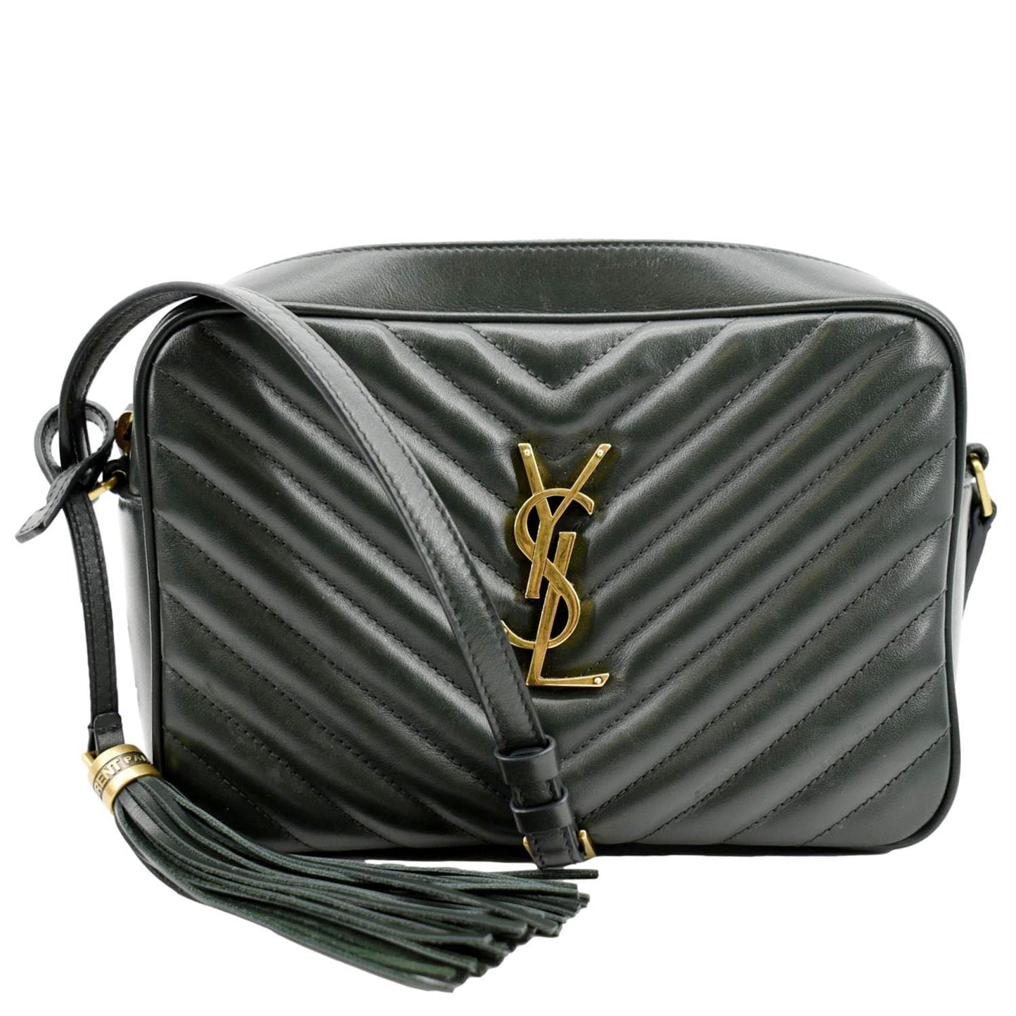 SAINT LAURENT Lou Chevron Leather Camera Crossbody Bag Green