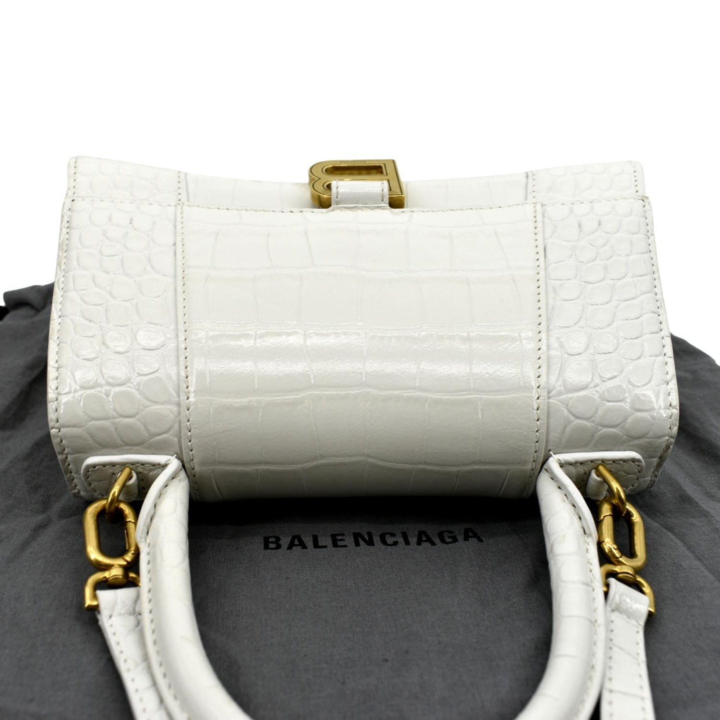 BALENCIAGA Small Hourglass Crocodile Embossed Top Handle Shoulder Bag White