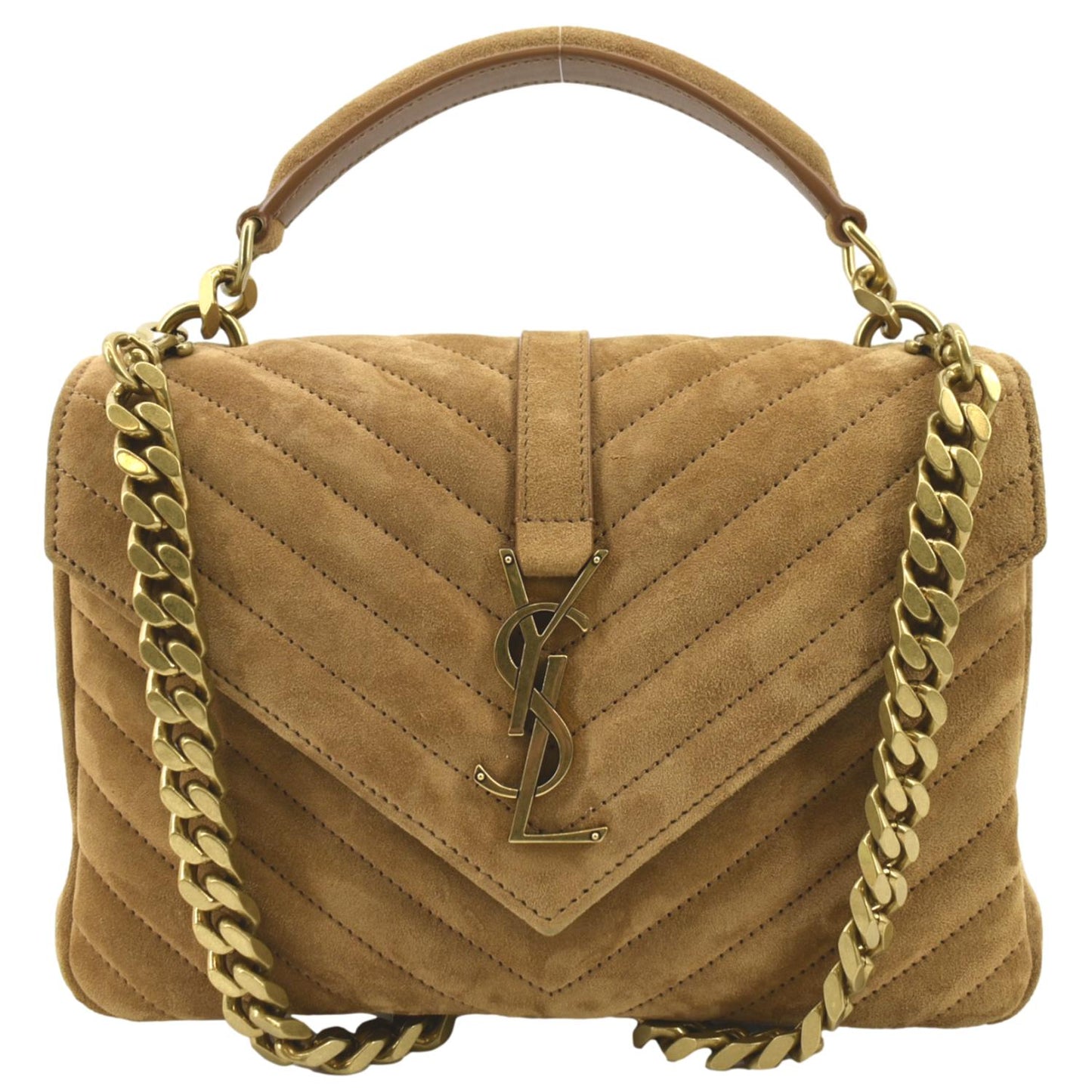 SAINT LAURENT College Chevron Suede Shoulder Chain Bag Camel
