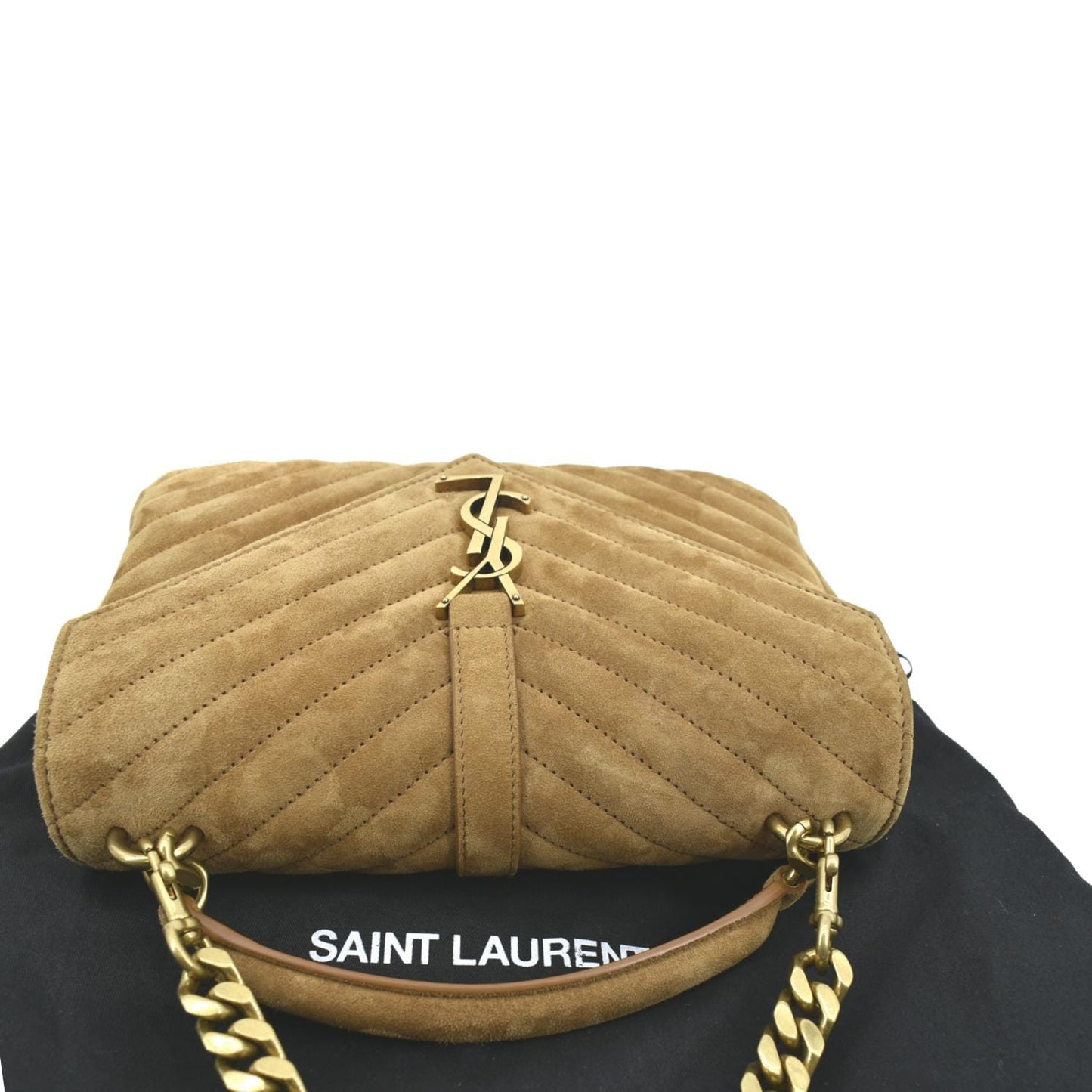 SAINT LAURENT College Chevron Suede Shoulder Chain Bag Camel