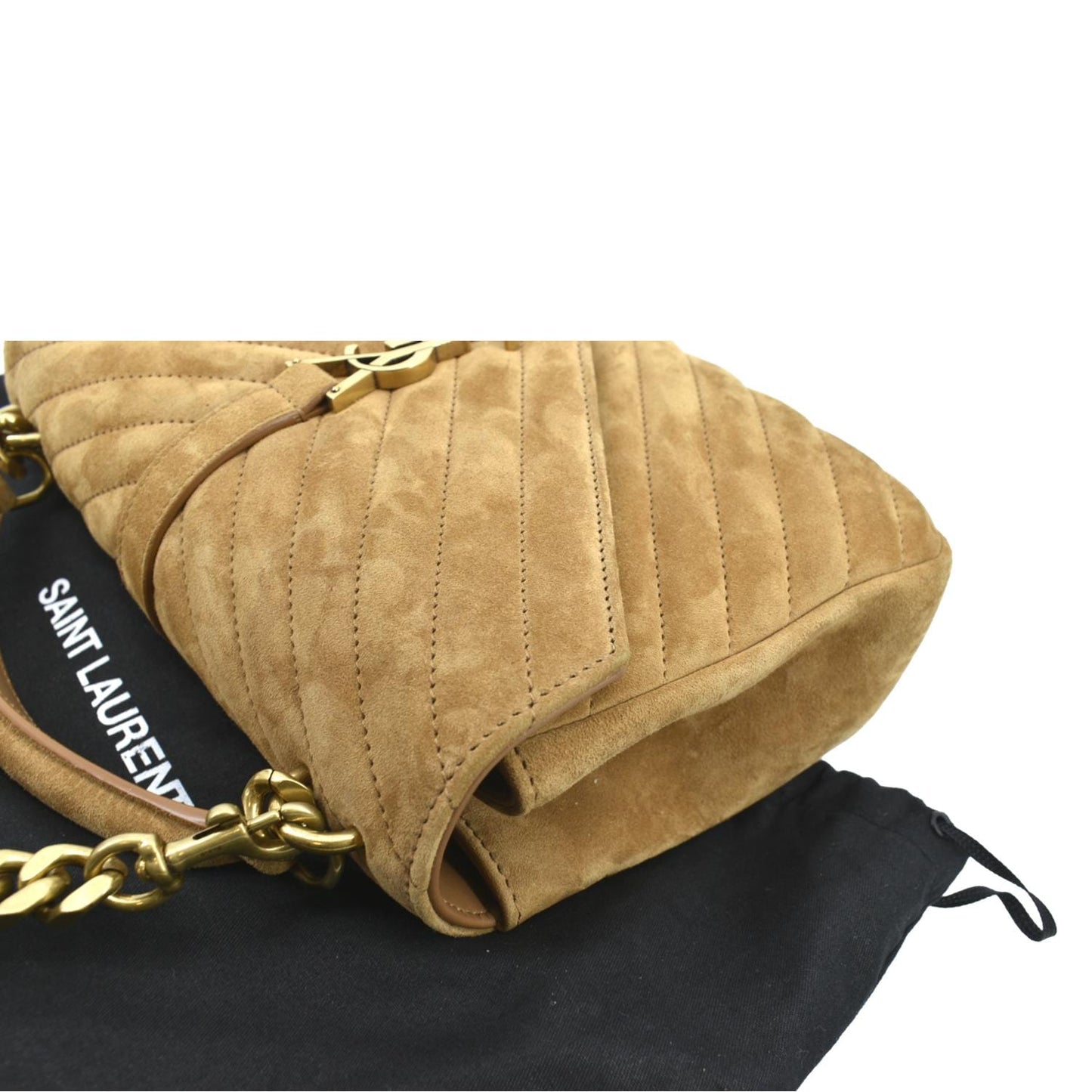 SAINT LAURENT College Chevron Suede Shoulder Chain Bag Camel