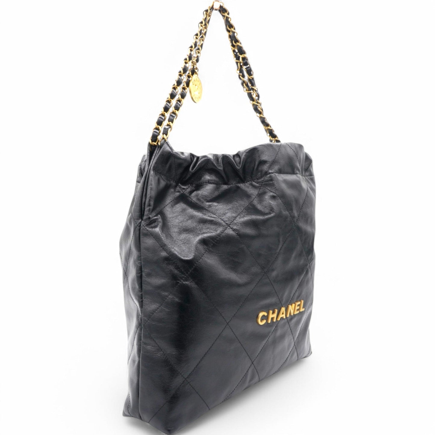 Shiny Quilted Medium Chanel 22 Black Handbag