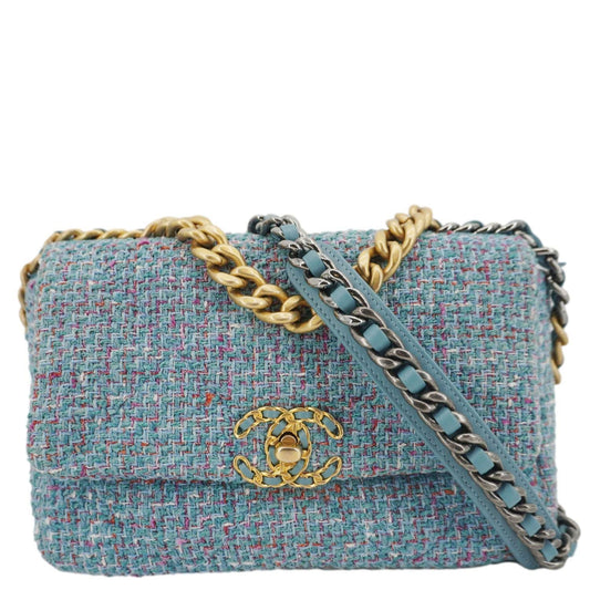 Chanel 19 Flap Medium Quilted Tweed Shoulder Bag Blue