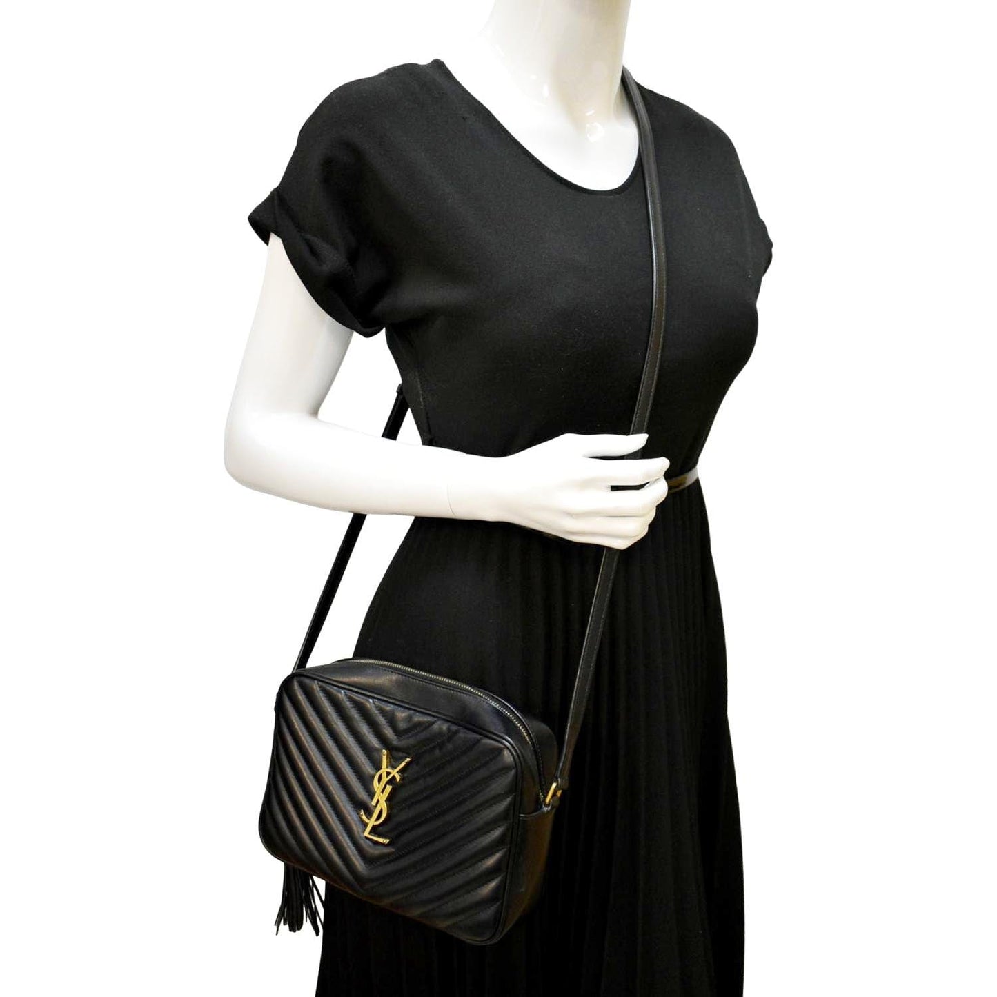 SAINT LAURENT Lou Chevron Leather Camera Crossbody Bag Black